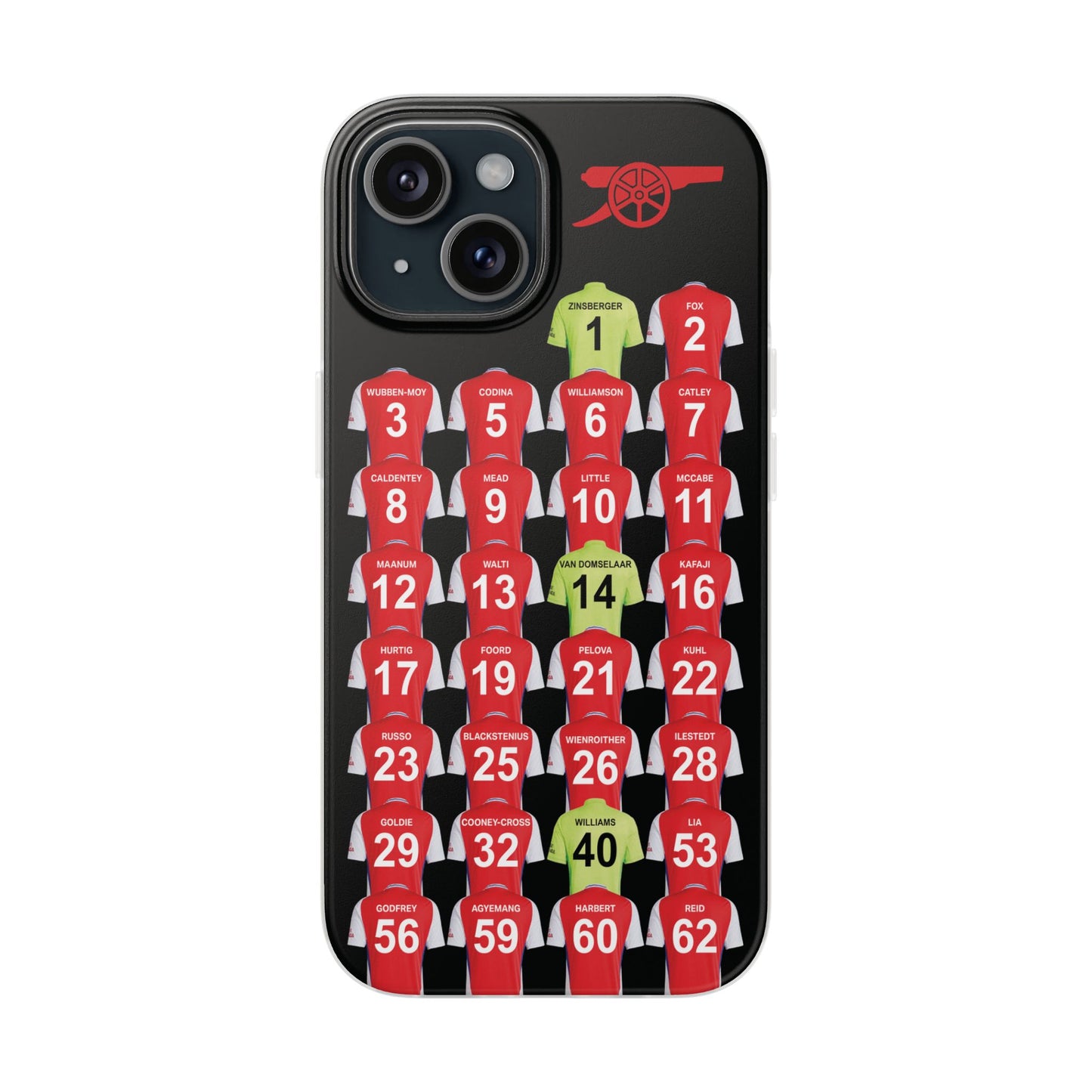 Arsenal Women Home Kit iPhone Flexi Case - iPhone 16, 15, 14, 13, 12, Mini/Plus/Pro/Pro Max - Black