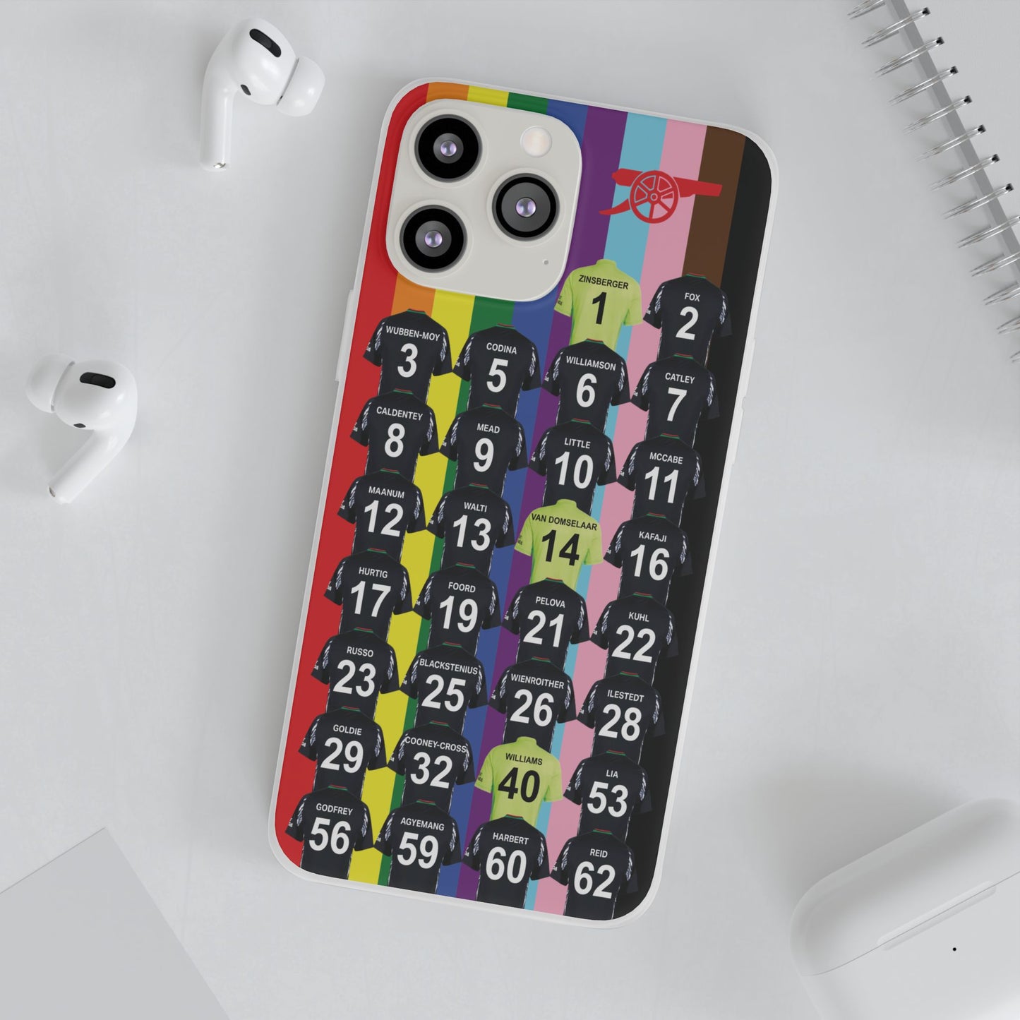 Arsenal Women Away Kit iPhone Flexi Case - iPhone 16, 15, 14, 13, 12, Mini/Plus/Pro/Pro Max - Rainbow