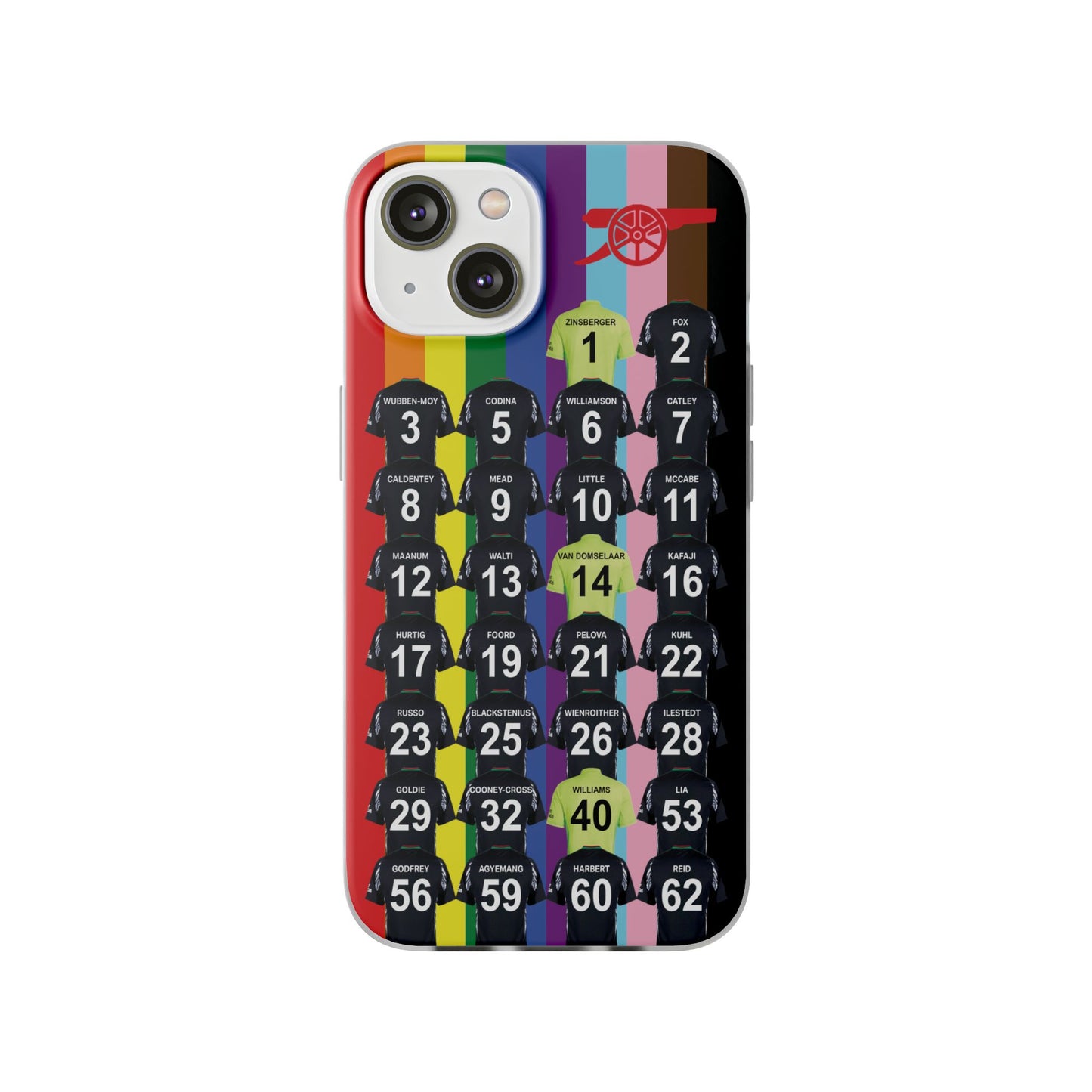 Arsenal Women Away Kit iPhone Flexi Case - iPhone 16, 15, 14, 13, 12, Mini/Plus/Pro/Pro Max - Rainbow