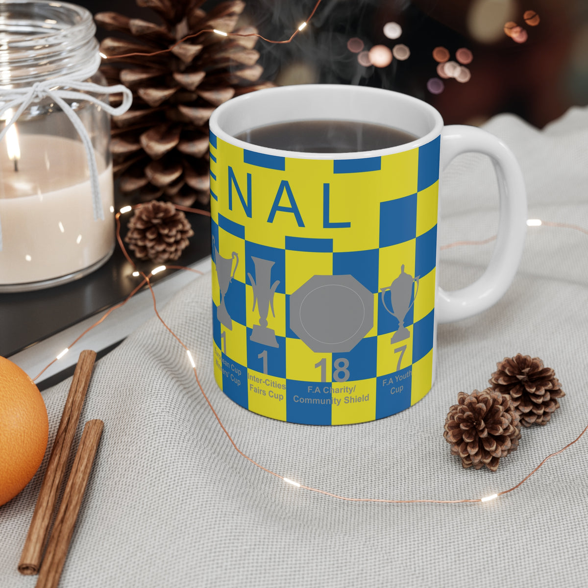 Arsenal Yellow & Blue Chequered Trophies Mug UPDATED - Blue Text