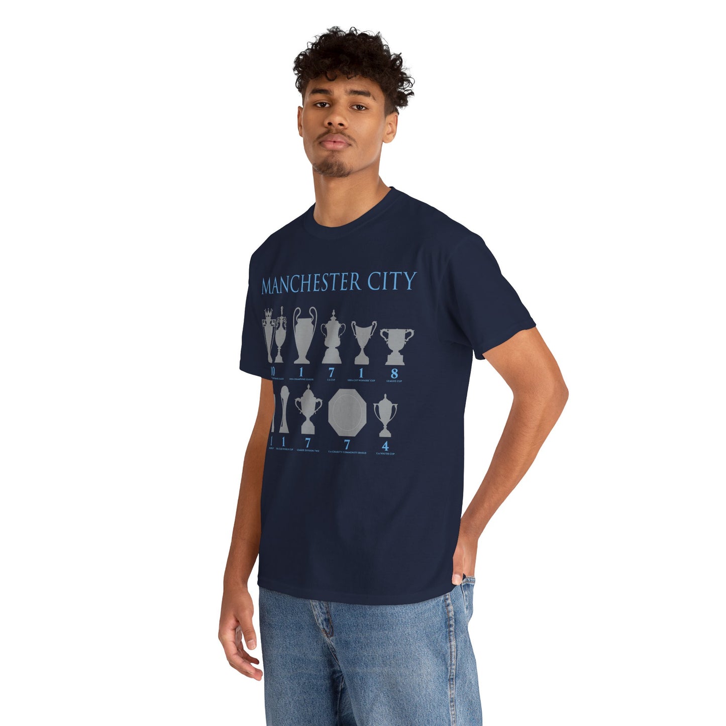 Manchester City Trophies Unisex Heavy Cotton T-Shirt - Light Blue/White/Black/Navy