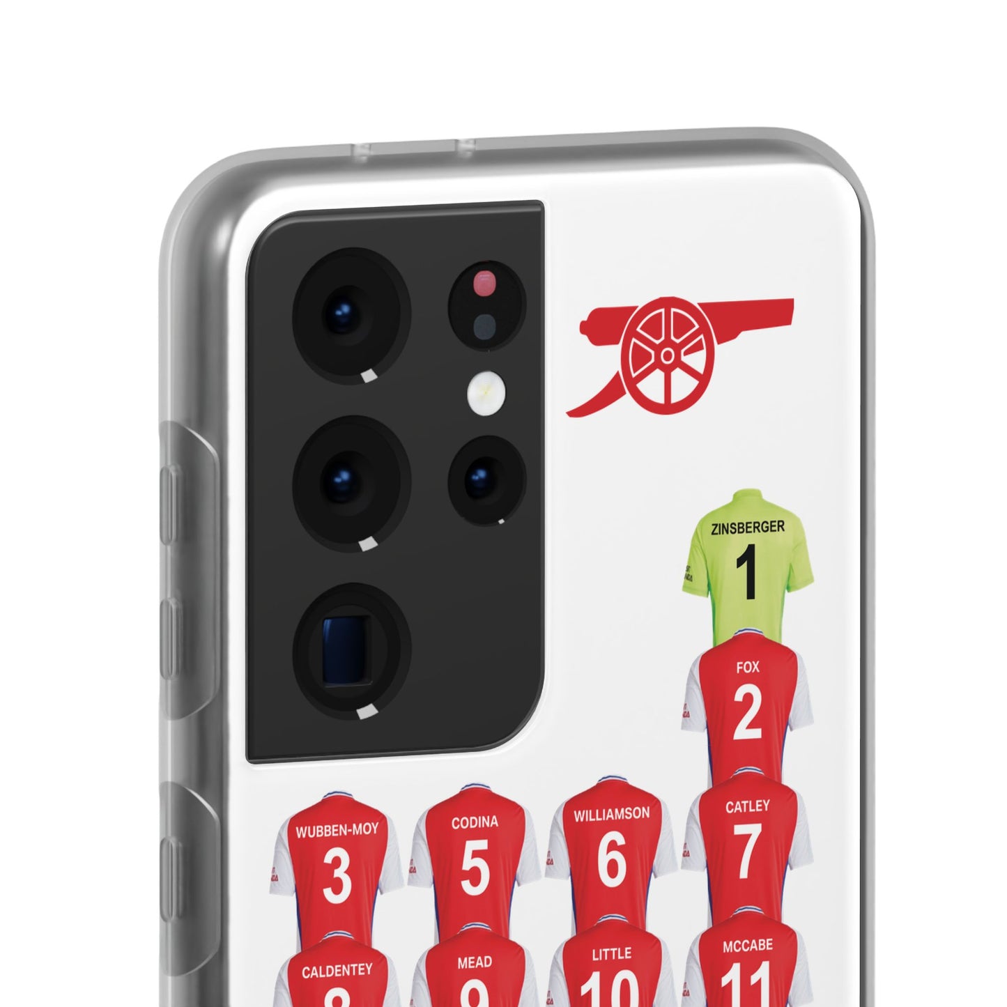 Arsenal Women Home Kit Samsung Galaxy Flexi Case - Samsung Galaxy S23, S22, S21, S10, Plus/Ultra - White