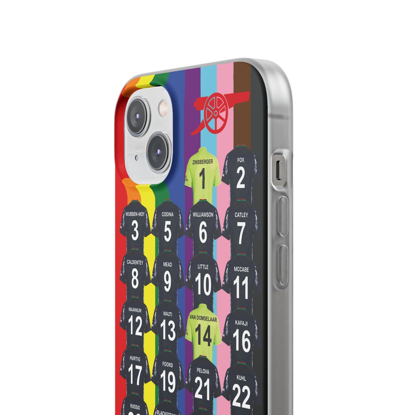 Arsenal Women Away Kit iPhone Flexi Case - iPhone 16, 15, 14, 13, 12, Mini/Plus/Pro/Pro Max - Rainbow