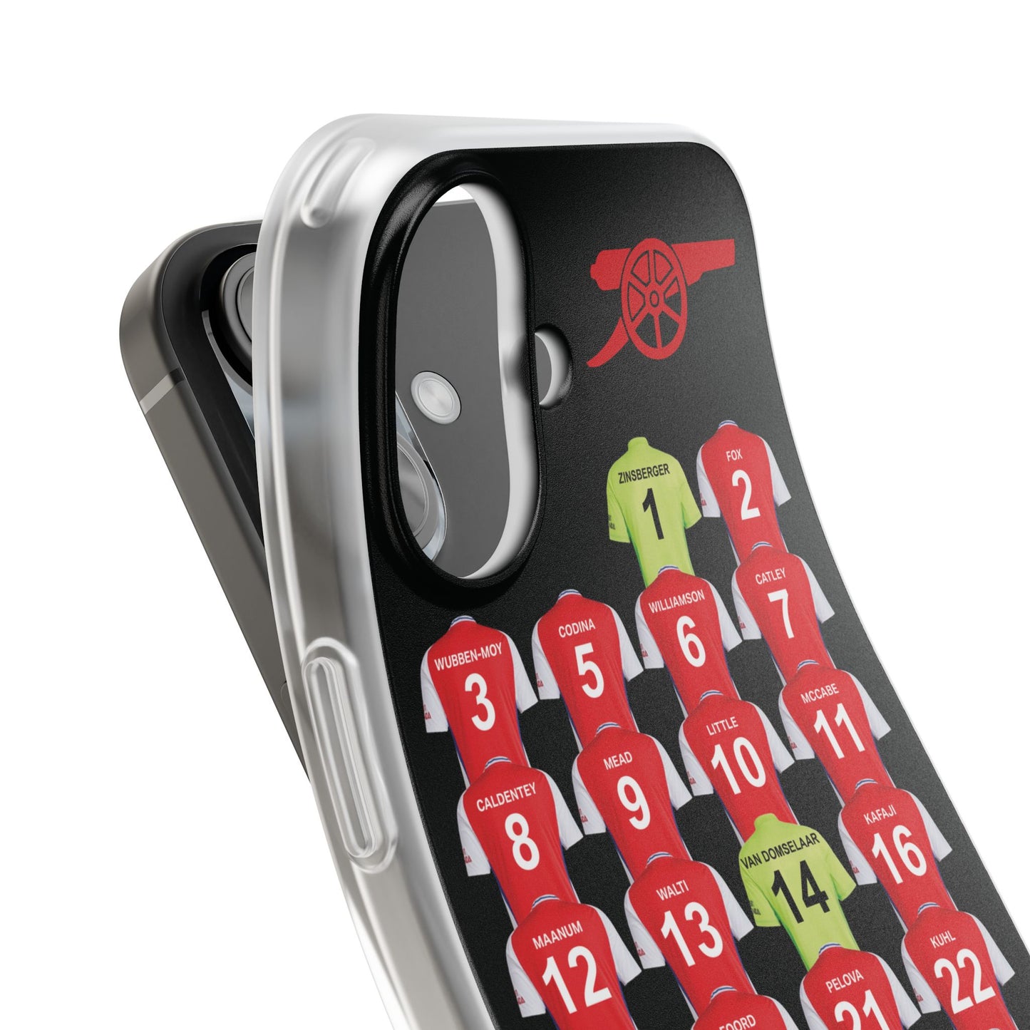 Arsenal Women Home Kit iPhone Flexi Case - iPhone 16, 15, 14, 13, 12, Mini/Plus/Pro/Pro Max - Black