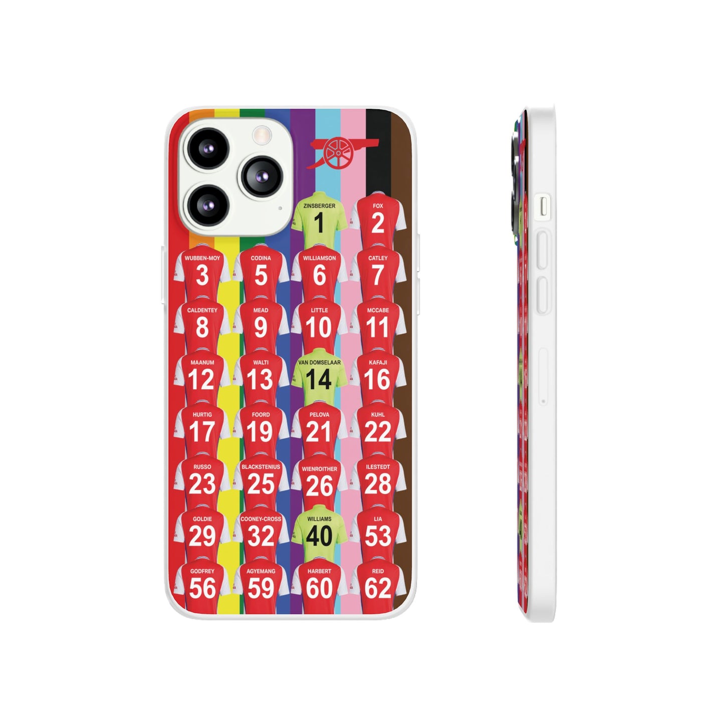 Arsenal Women Home Kit iPhone Flexi Case - iPhone 16, 15, 14, 13, 12, Mini/Plus/Pro/Pro Max - Rainbow