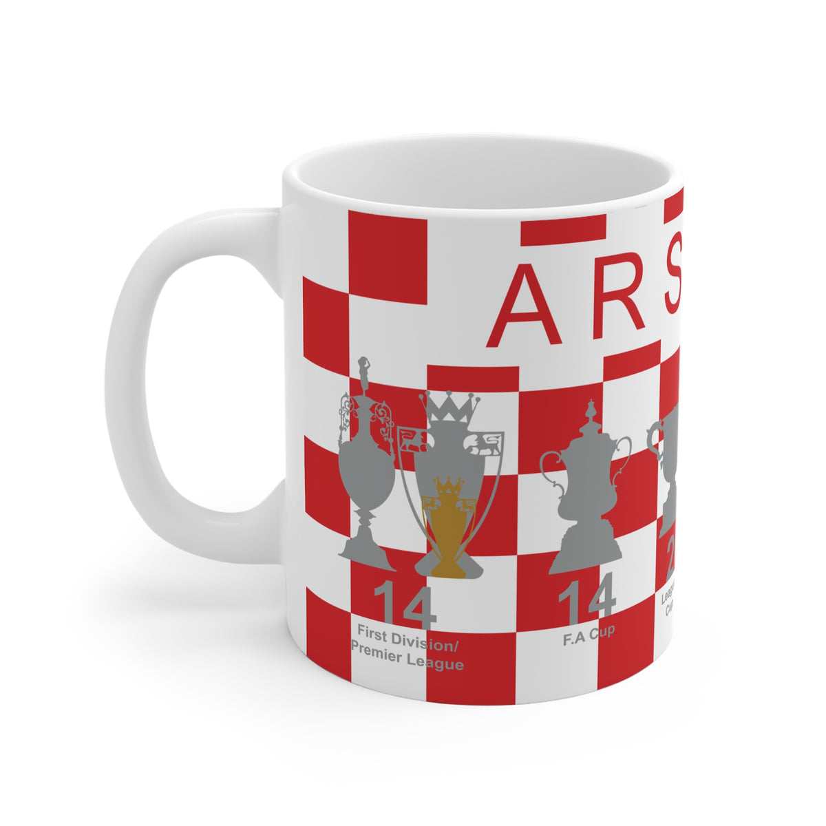 Arsenal Red & White Chequered Trophies Mug UPDATED - Red Text