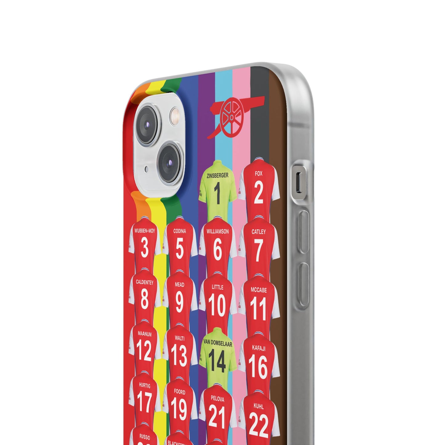 Arsenal Women Home Kit iPhone Flexi Case - iPhone 16, 15, 14, 13, 12, Mini/Plus/Pro/Pro Max - Rainbow