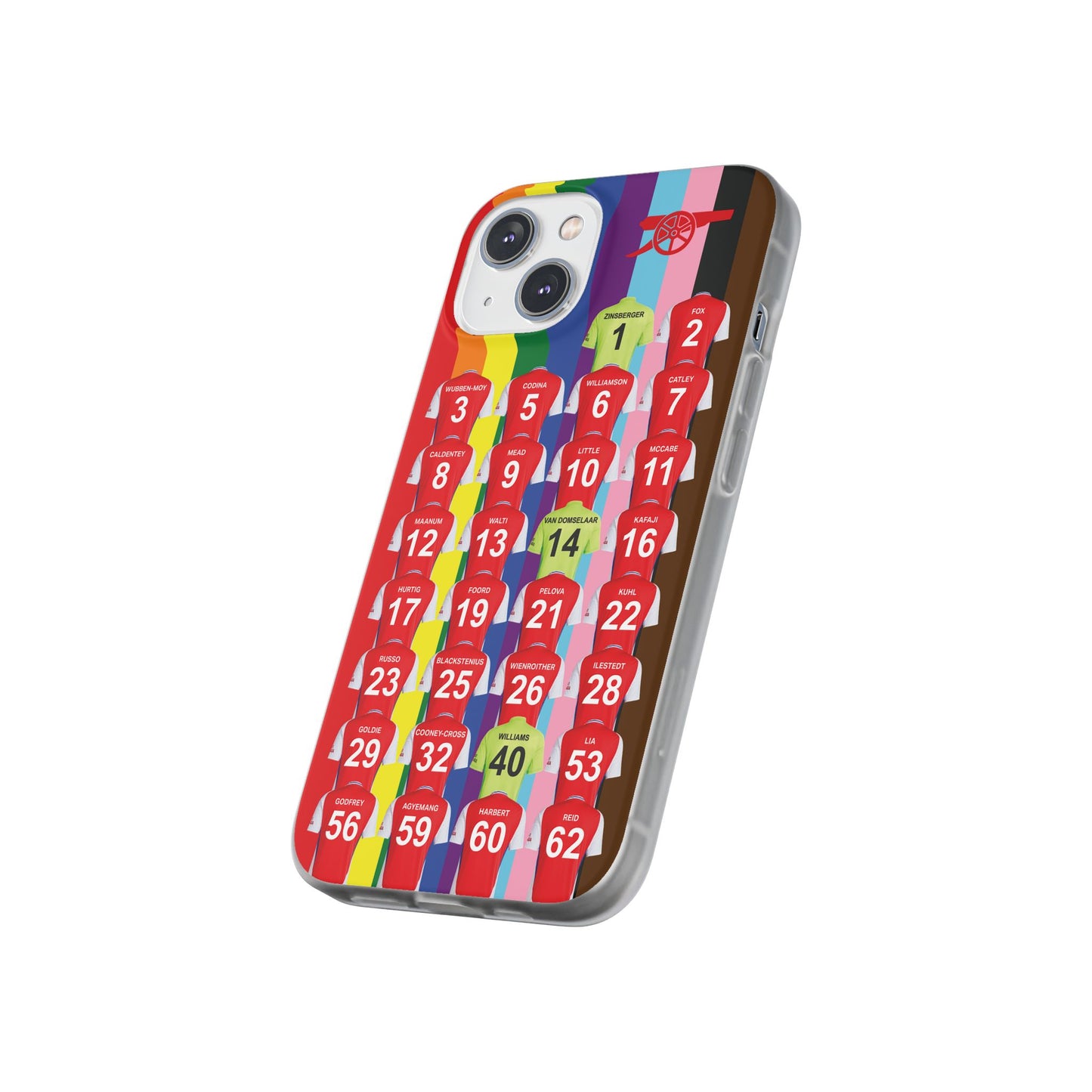 Arsenal Women Home Kit iPhone Flexi Case - iPhone 16, 15, 14, 13, 12, Mini/Plus/Pro/Pro Max - Rainbow