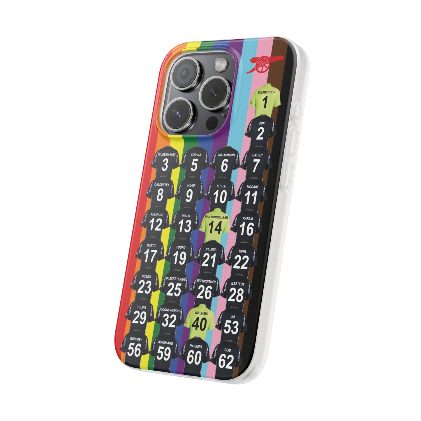 Arsenal Women Away Kit iPhone Flexi Case - iPhone 16, 15, 14, 13, 12, Mini/Plus/Pro/Pro Max - Rainbow