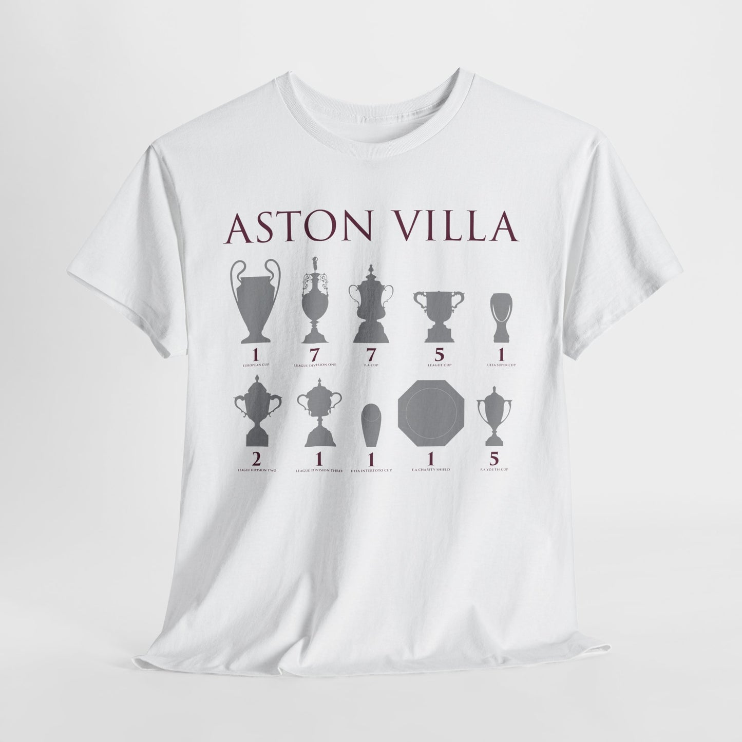 Aston Villa Trophies Unisex Heavy Cotton T-Shirt - Maroon/White/Light Blue