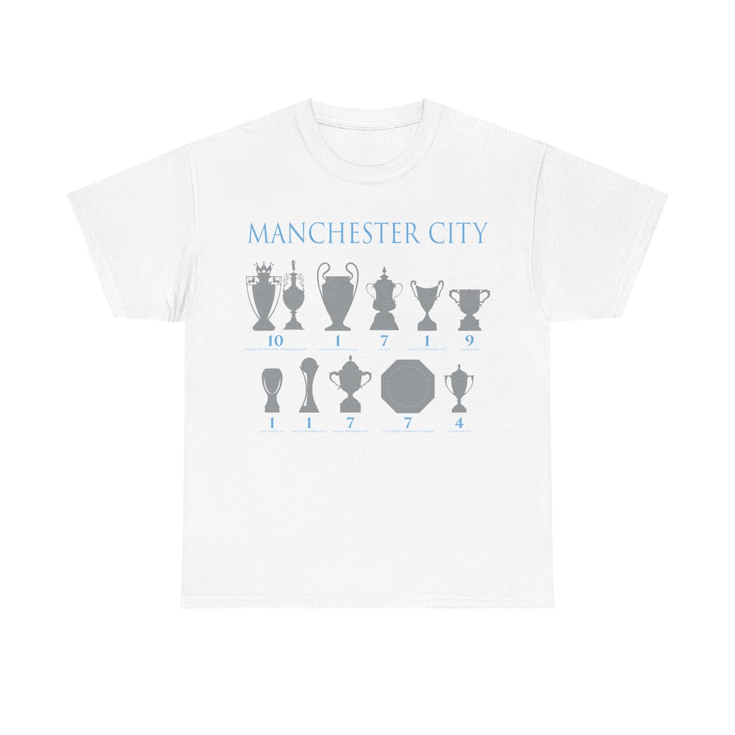 Manchester City Trophies Unisex Heavy Cotton T-Shirt - Light Blue/White/Black/Navy