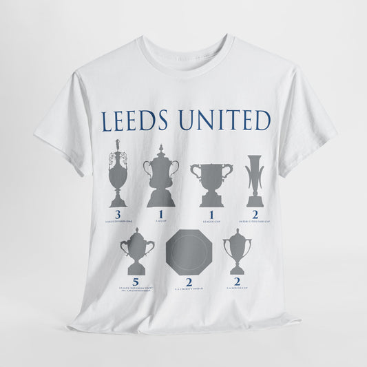 Leeds United Trophies Unisex Heavy Cotton T-Shirt - White/Black/Gold/Royal/Navy