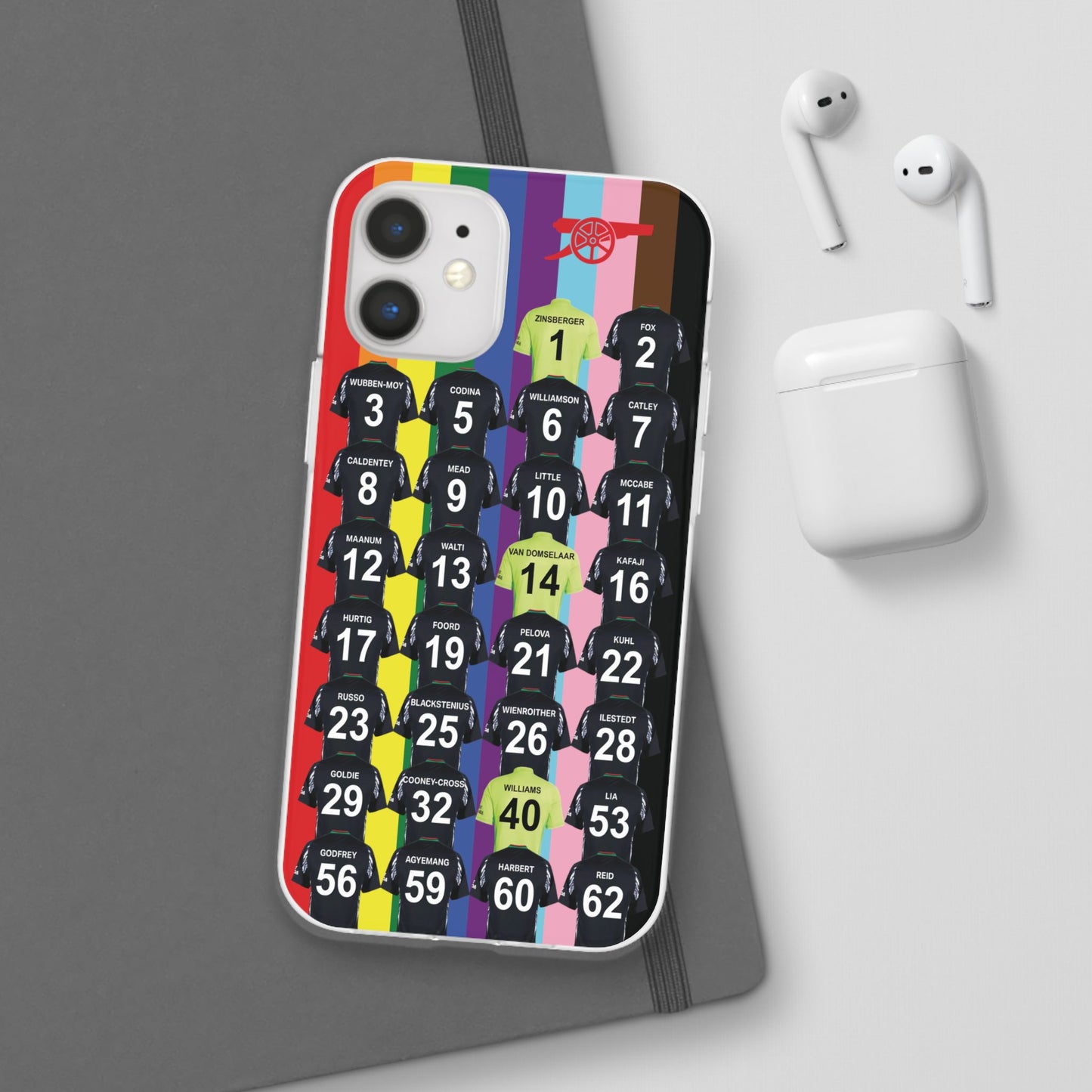 Arsenal Women Away Kit iPhone Flexi Case - iPhone 16, 15, 14, 13, 12, Mini/Plus/Pro/Pro Max - Rainbow