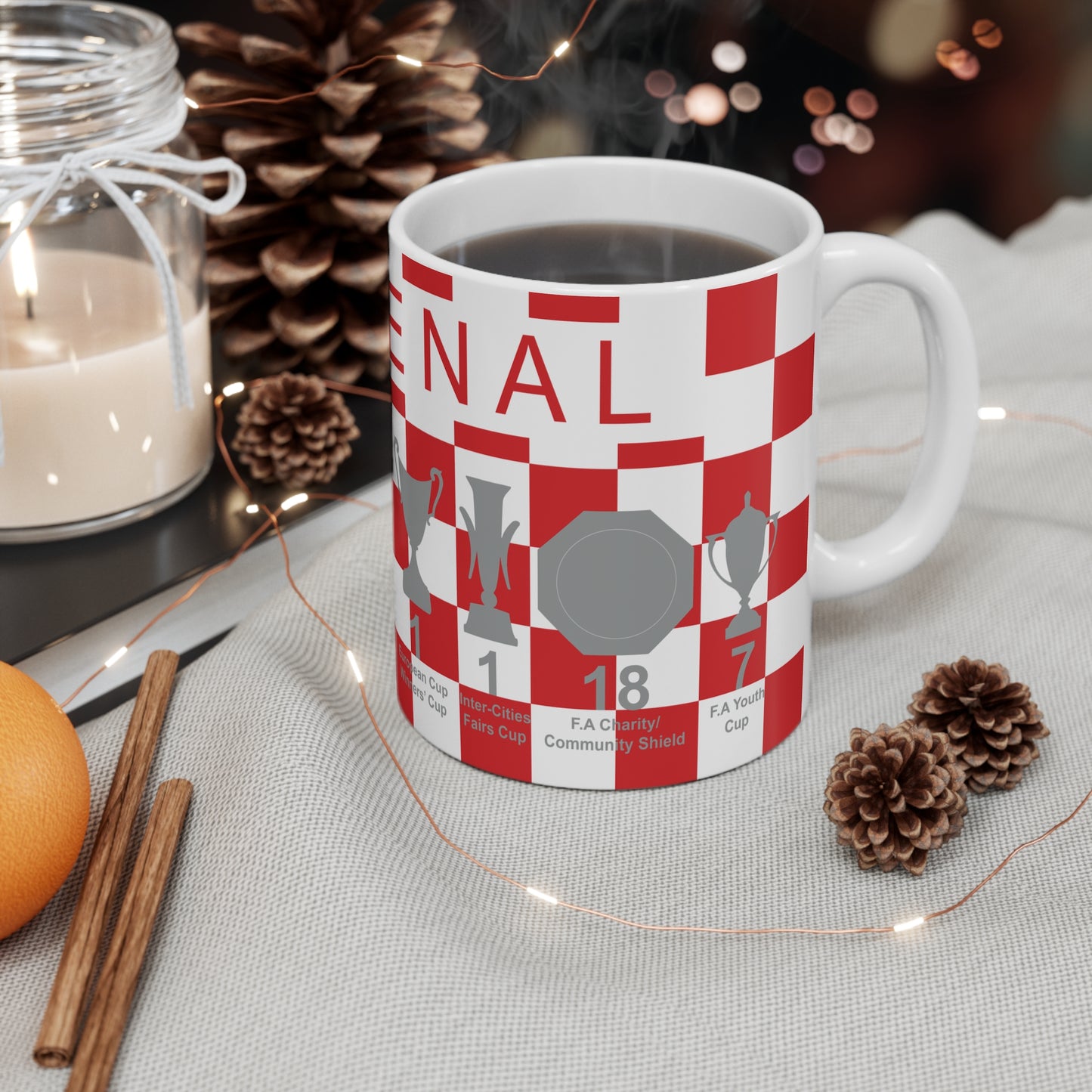 Arsenal Red & White Chequered Trophies Mug UPDATED - Red Text