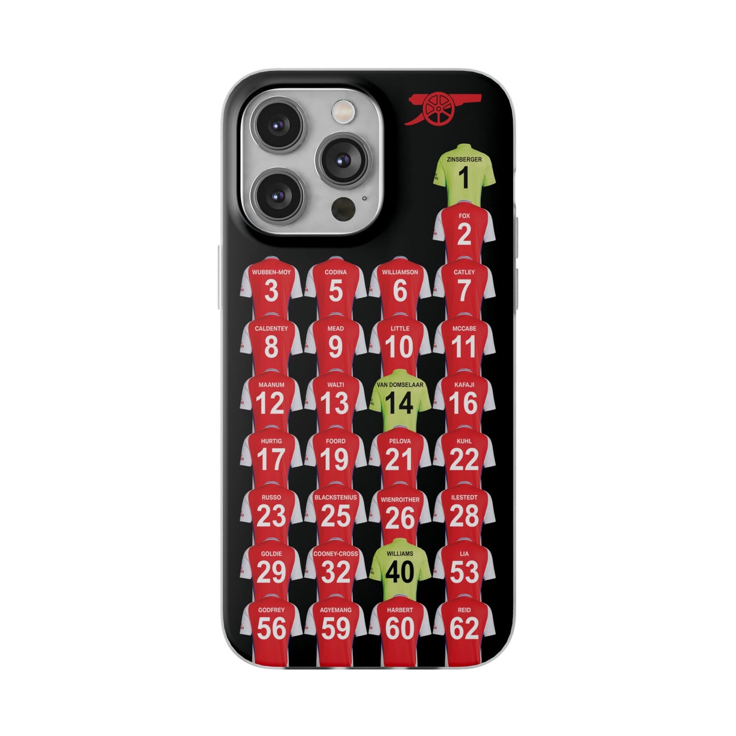 Arsenal Women Home Kit iPhone Flexi Case - iPhone 16, 15, 14, 13, 12, Mini/Plus/Pro/Pro Max - Black