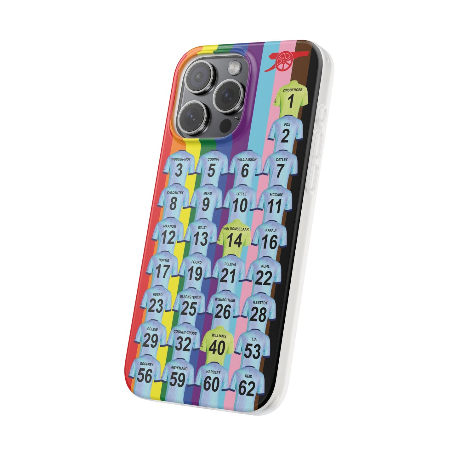 Arsenal Women Third Kit iPhone Flexi Case - iPhone 16, 15, 14, 13, 12, Mini/Plus/Pro/Pro Max - Rainbow