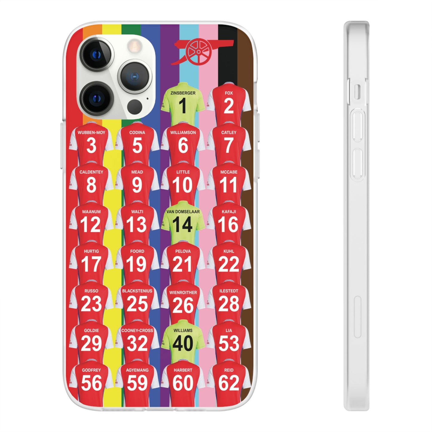 Arsenal Women Home Kit iPhone Flexi Case - iPhone 16, 15, 14, 13, 12, Mini/Plus/Pro/Pro Max - Rainbow