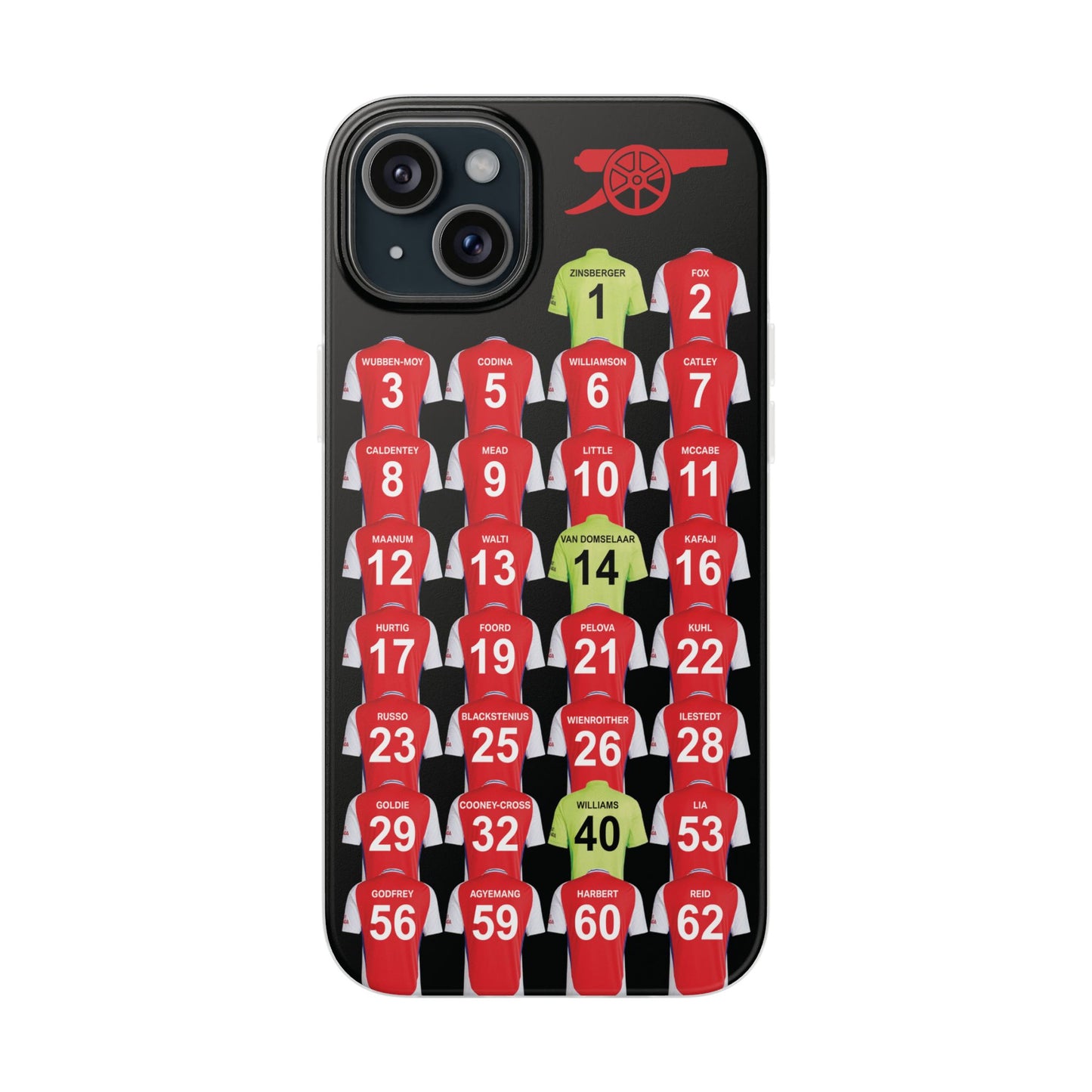 Arsenal Women Home Kit iPhone Flexi Case - iPhone 16, 15, 14, 13, 12, Mini/Plus/Pro/Pro Max - Black