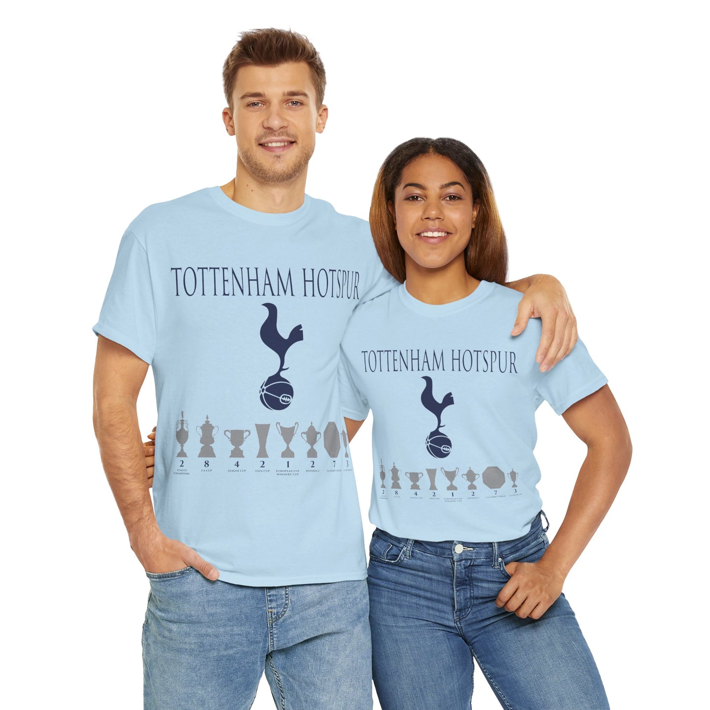Tottenham Hotspur Cockerel & Trophies Unisex Heavy Cotton T-Shirt - Navy/White/Black/Gold/Light Blue/Royal