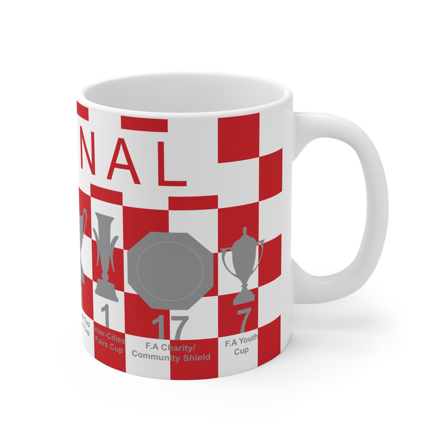 Arsenal Red & White Chequered Trophies Mug UPDATED - Red Text