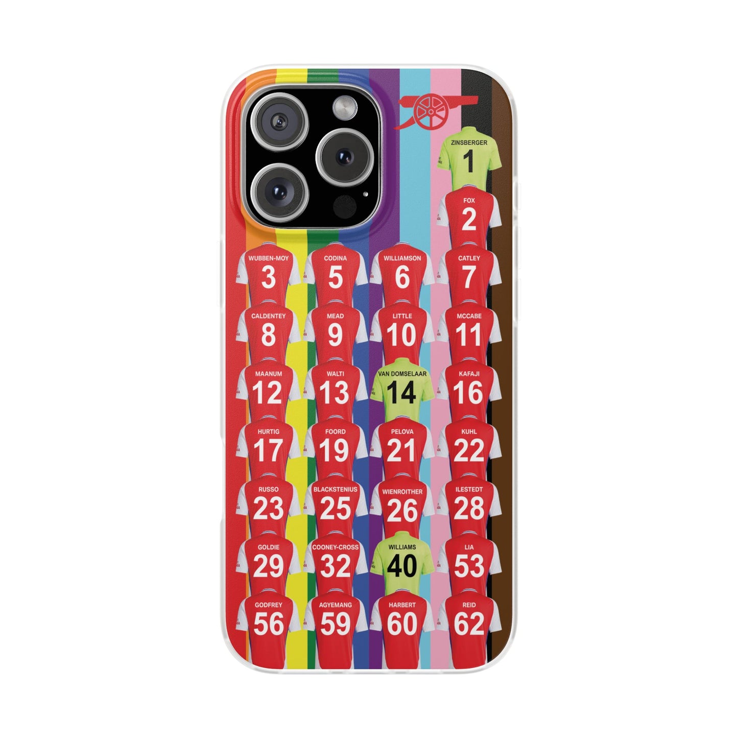 Arsenal Women Home Kit iPhone Flexi Case - iPhone 16, 15, 14, 13, 12, Mini/Plus/Pro/Pro Max - Rainbow