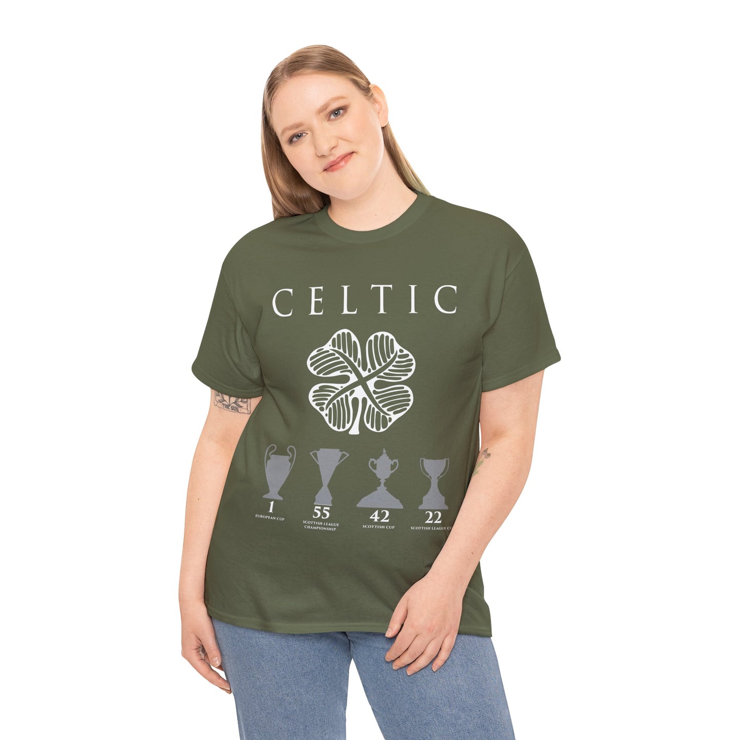 Celtic Clover & Trophies Unisex Heavy Cotton T-Shirt - Irish Green/Black/White/Gold/Sport Grey/Charcoal/Military Green/Forest Green