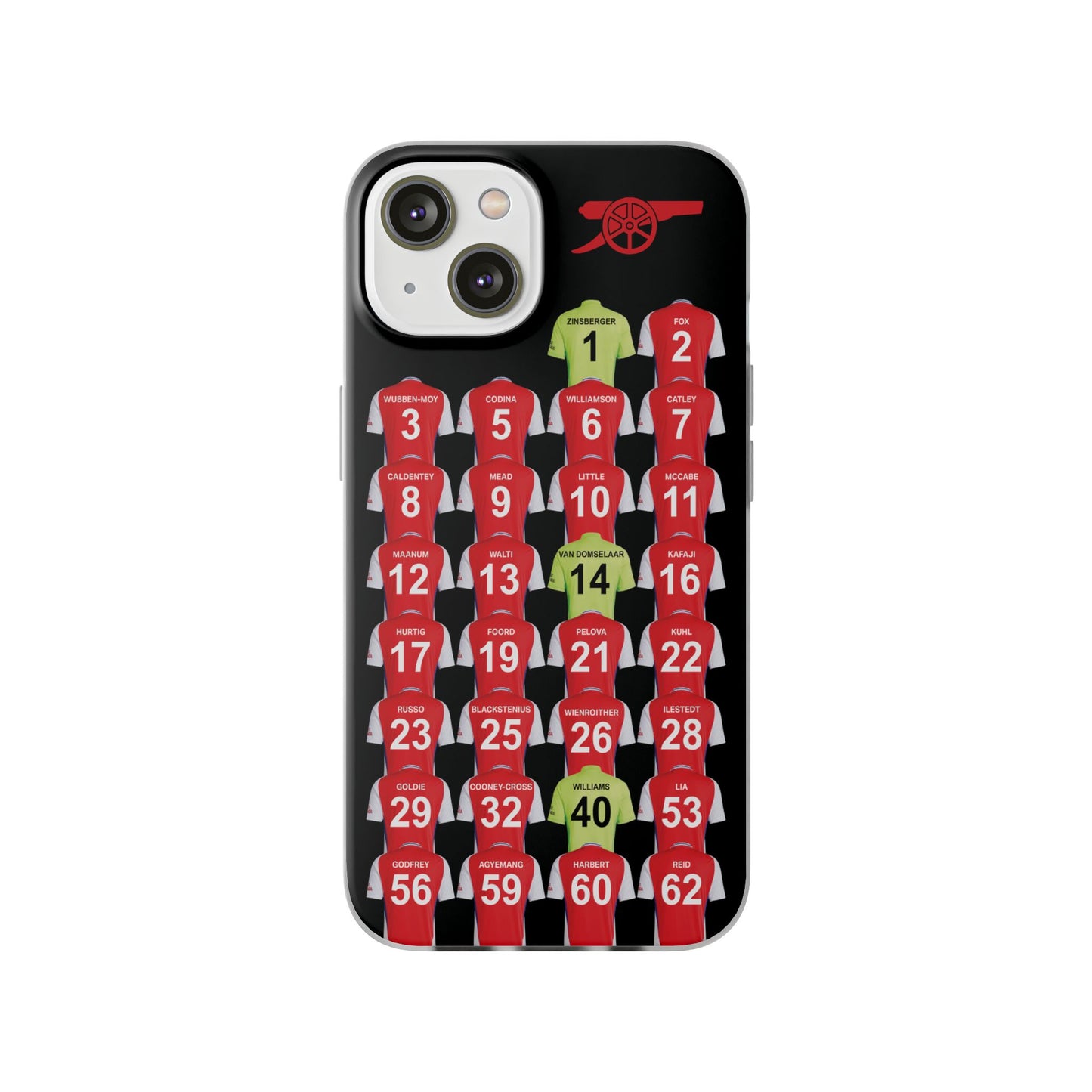 Arsenal Women Home Kit iPhone Flexi Case - iPhone 16, 15, 14, 13, 12, Mini/Plus/Pro/Pro Max - Black