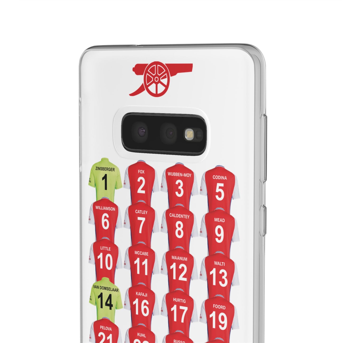 Arsenal Women Home Kit Samsung Galaxy Flexi Case - Samsung Galaxy S23, S22, S21, S10, Plus/Ultra - White