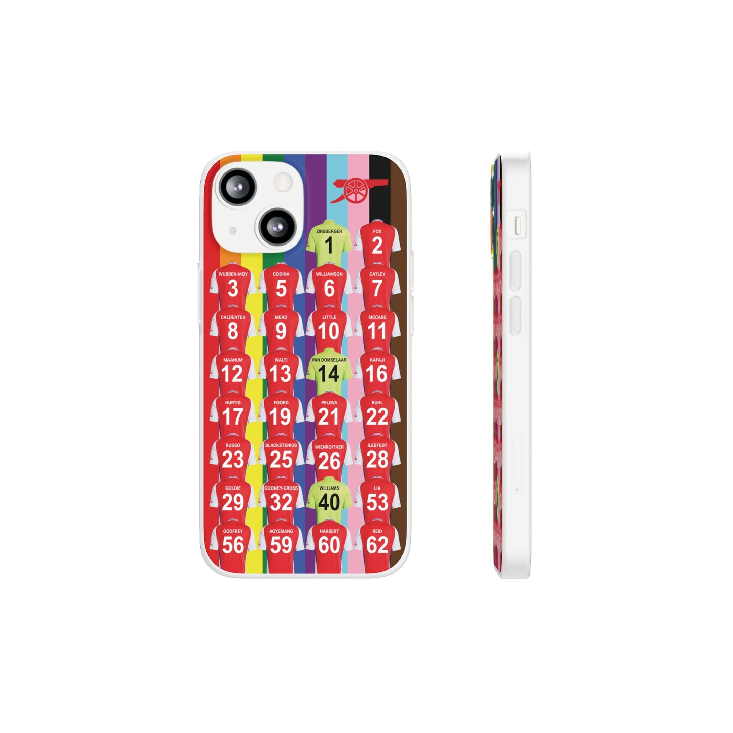 Arsenal Women Home Kit iPhone Flexi Case - iPhone 16, 15, 14, 13, 12, Mini/Plus/Pro/Pro Max - Rainbow