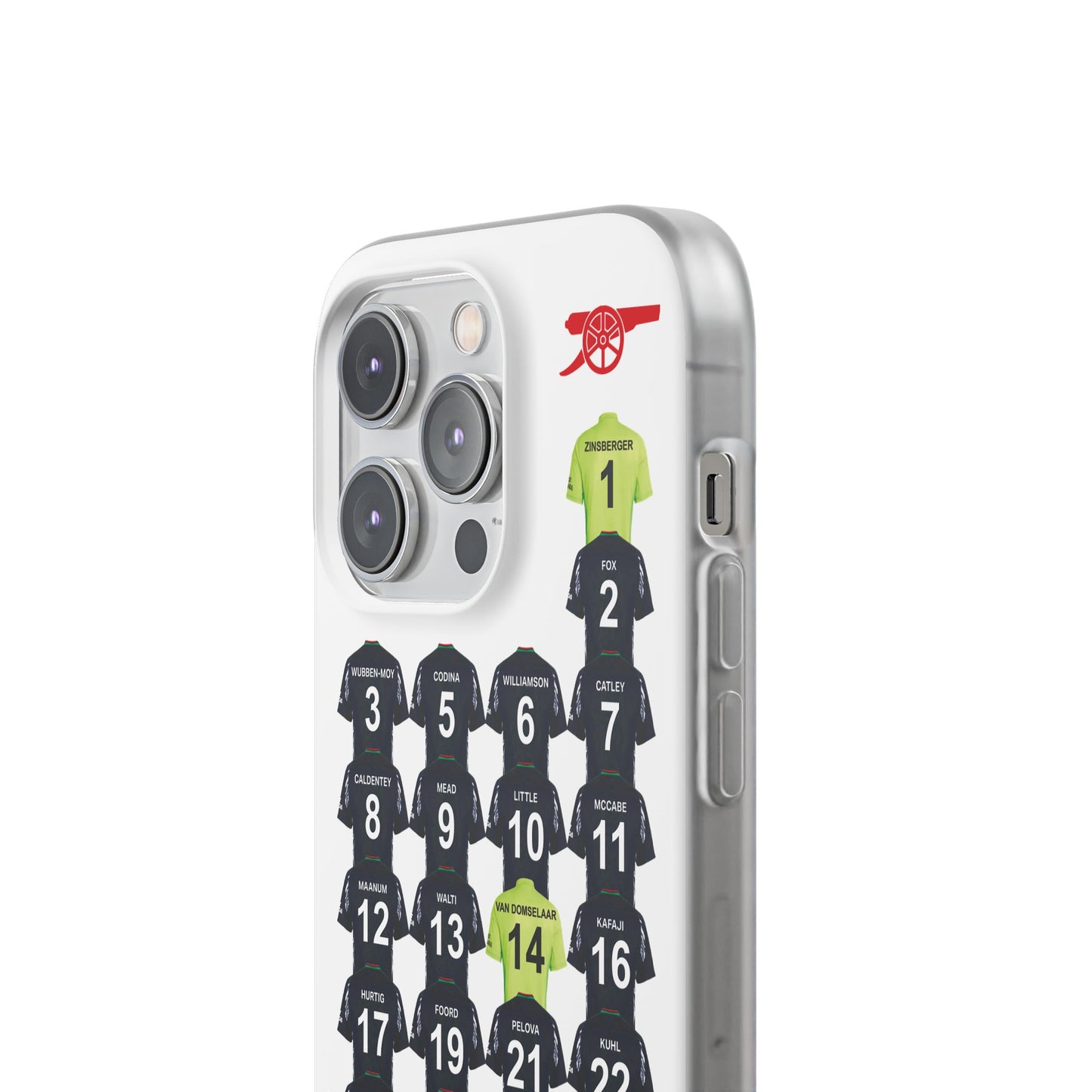 Arsenal Women Away Kit iPhone Flexi Case - iPhone 16, 15, 14, 13, 12, Mini/Plus/Pro/Pro Max - White