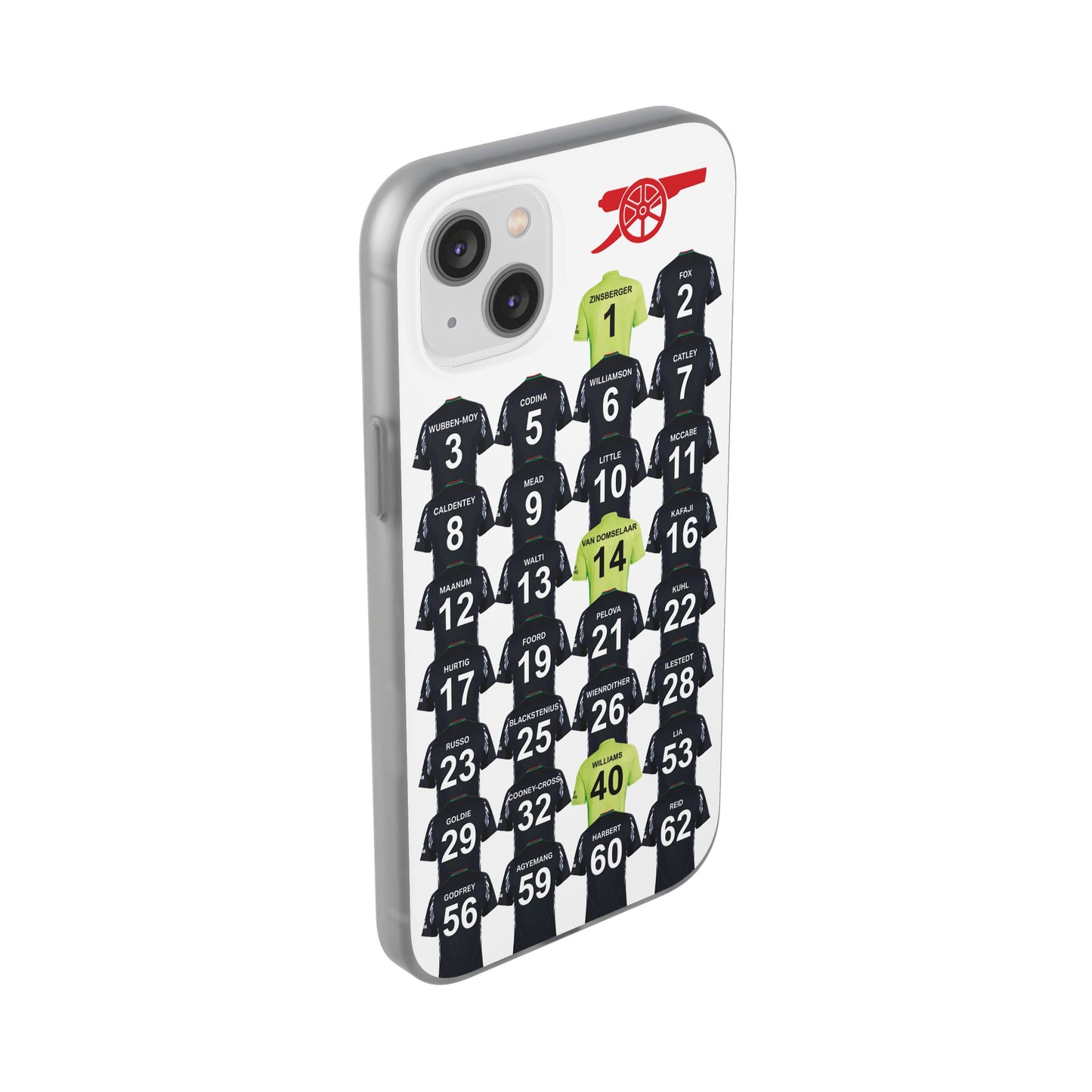 Arsenal Women Away Kit iPhone Flexi Case - iPhone 16, 15, 14, 13, 12, Mini/Plus/Pro/Pro Max - White