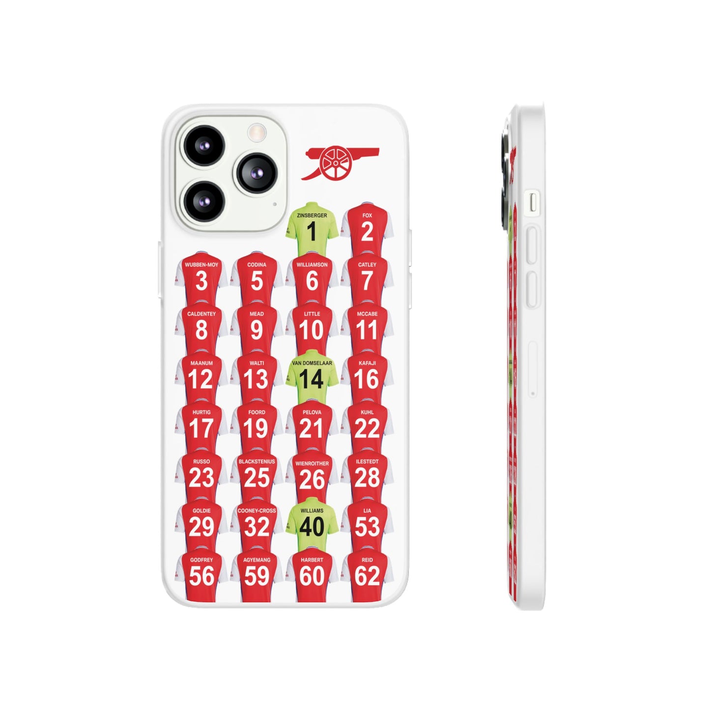 Arsenal Women Home Kit iPhone Flexi Case - iPhone 16, 15, 14, 13, 12, Mini/Plus/Pro/Pro Max - White