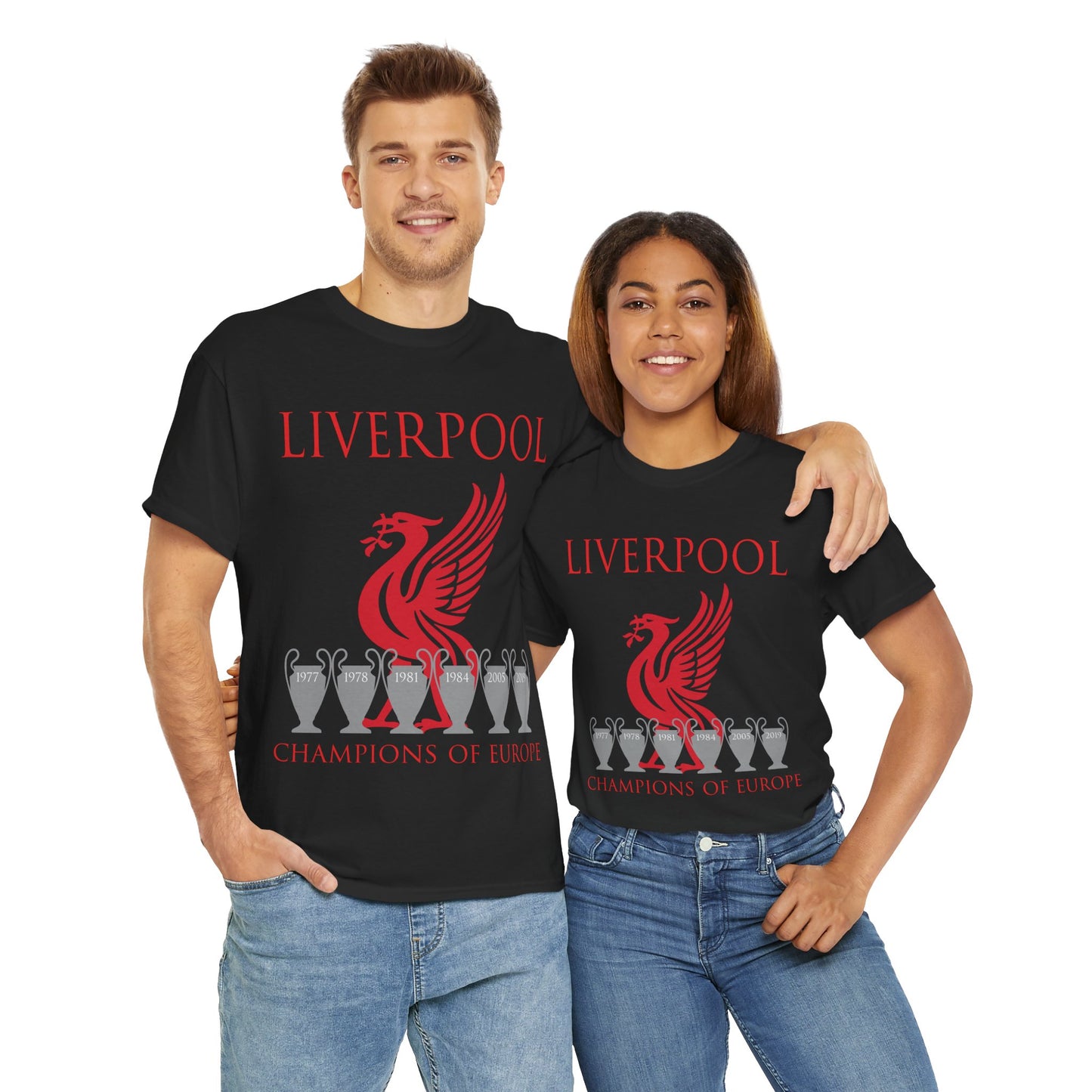 Liverpool Champions of Europe Unisex Heavy Cotton T-Shirt - Red/White/Black/Gold/Sport Grey/Charcoal