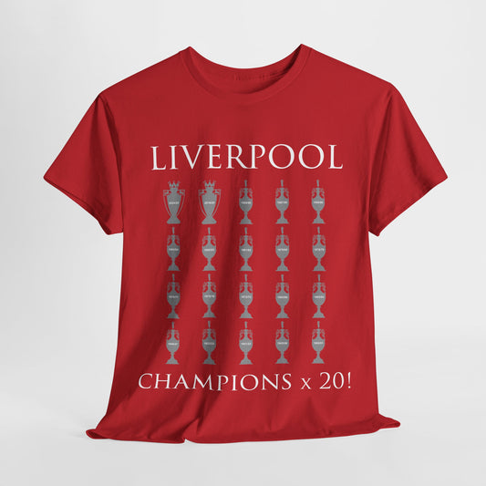 Liverpool 20 Champions Unisex Heavy Cotton T-Shirt - Red/White/Black/Charcoal/Gold