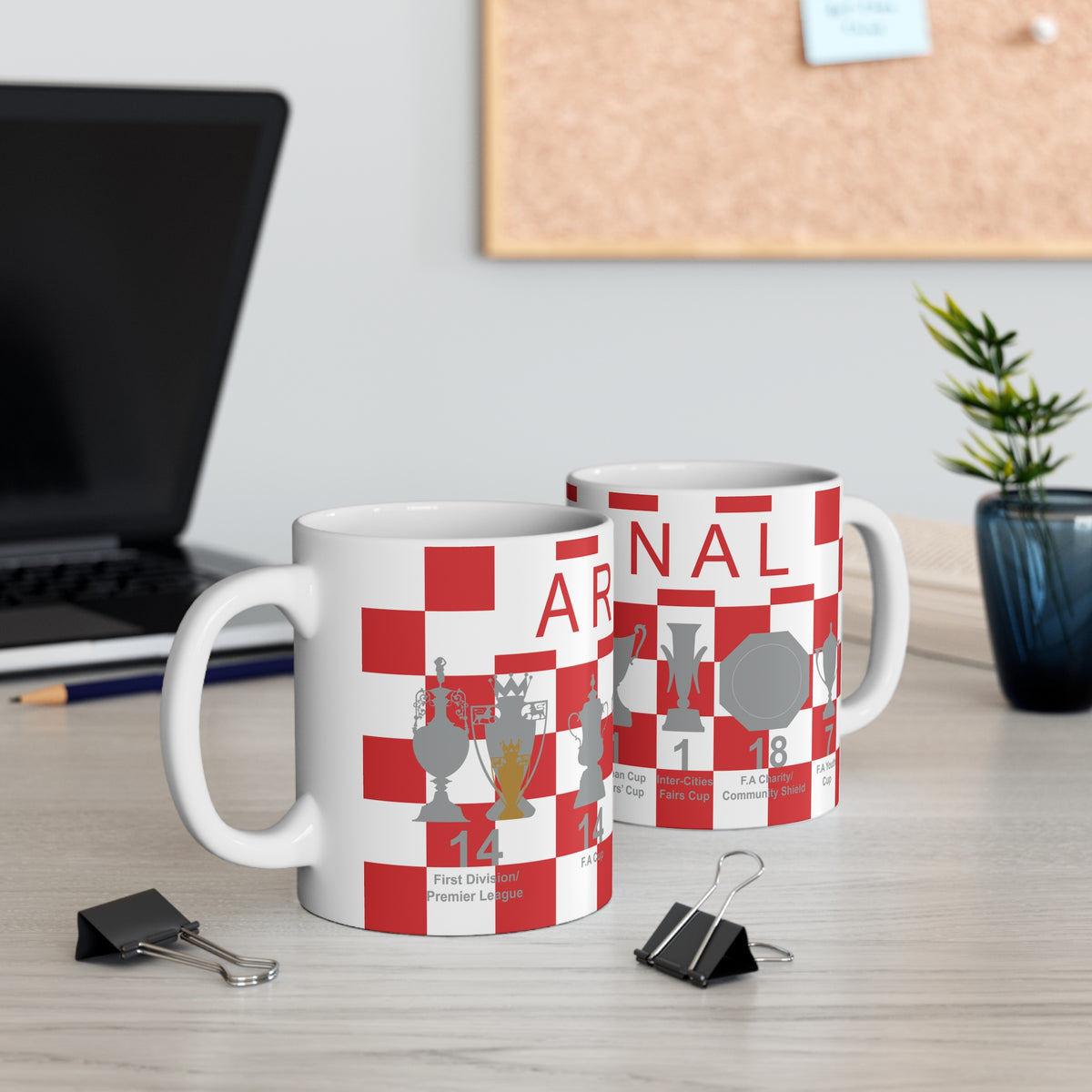 Arsenal Red & White Chequered Trophies Mug UPDATED - Red Text