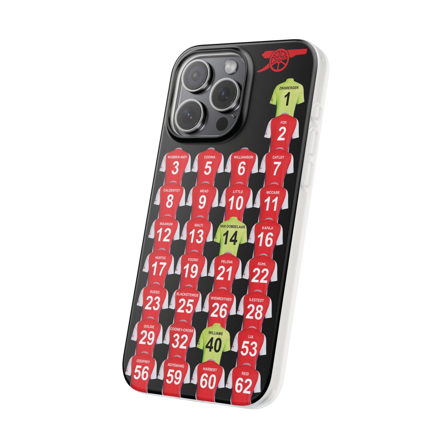 Arsenal Women Home Kit iPhone Flexi Case - iPhone 16, 15, 14, 13, 12, Mini/Plus/Pro/Pro Max - Black