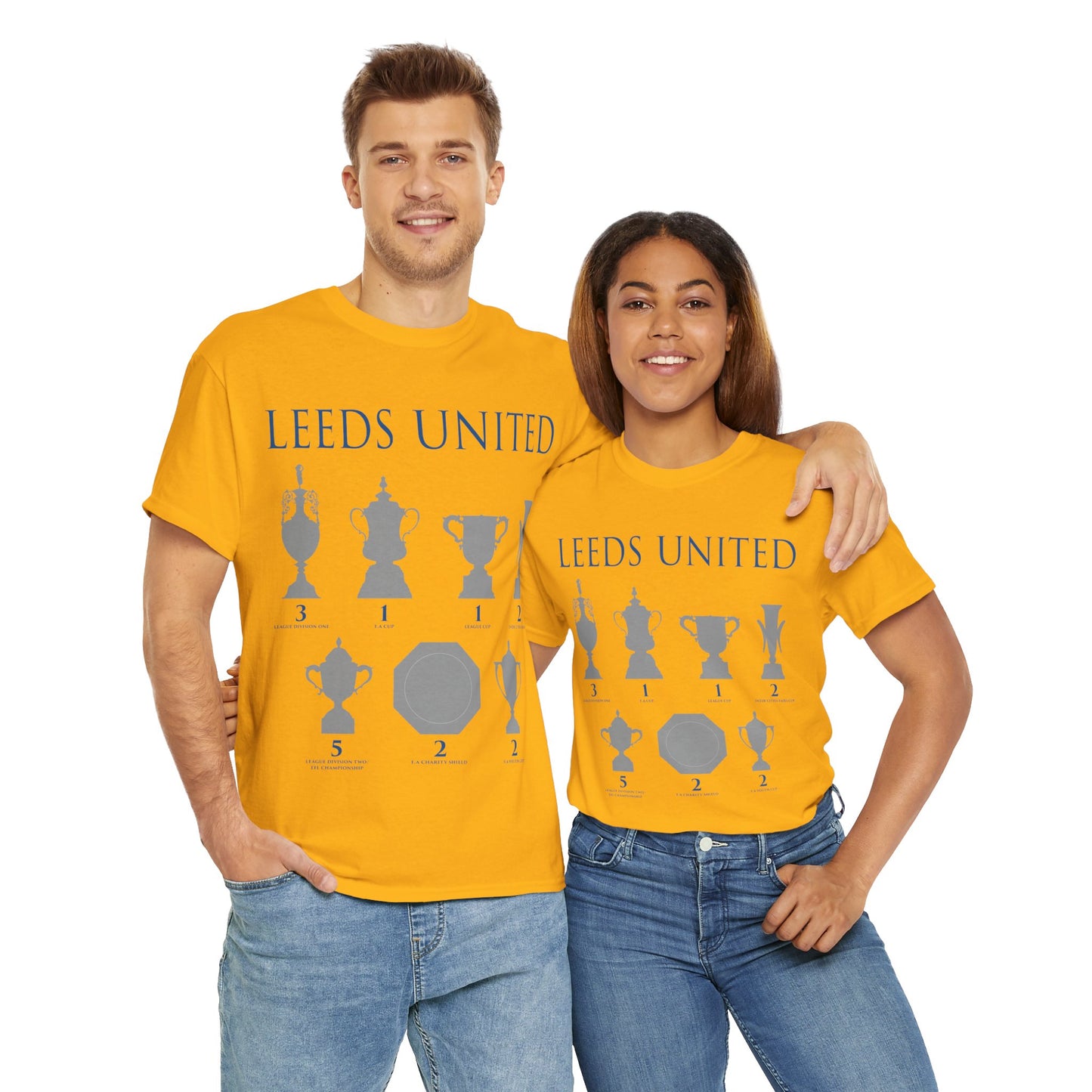 Leeds United Trophies Unisex Heavy Cotton T-Shirt - White/Black/Gold/Royal/Navy