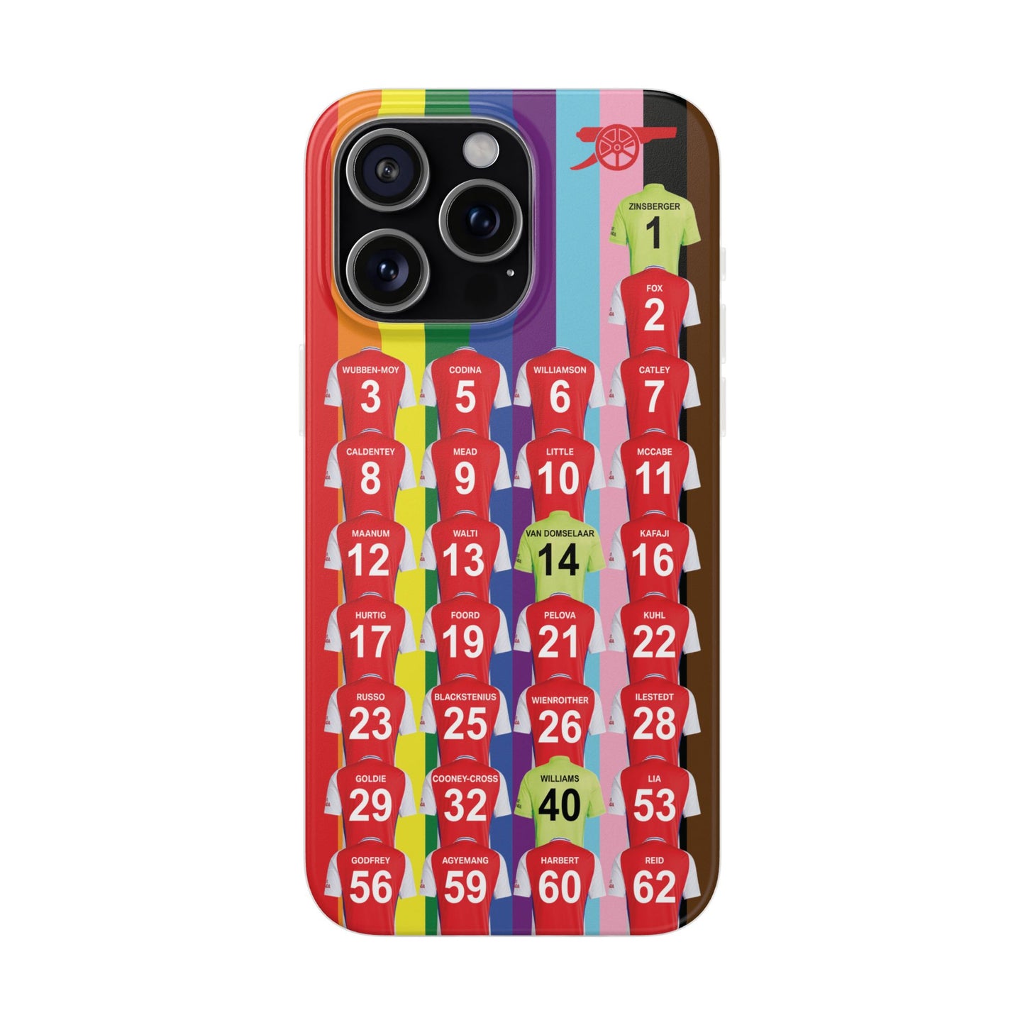 Arsenal Women Home Kit iPhone Flexi Case - iPhone 16, 15, 14, 13, 12, Mini/Plus/Pro/Pro Max - Rainbow