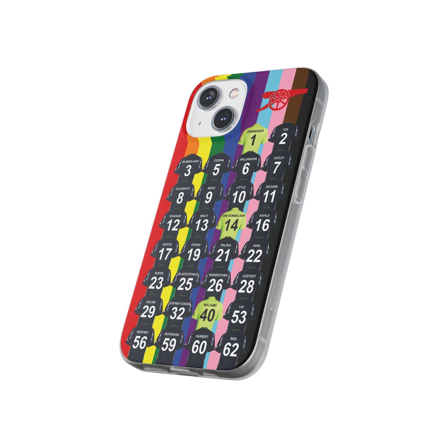 Arsenal Women Away Kit iPhone Flexi Case - iPhone 16, 15, 14, 13, 12, Mini/Plus/Pro/Pro Max - Rainbow