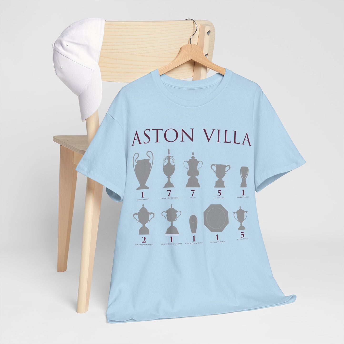 Aston Villa Trophies Unisex Heavy Cotton T-Shirt - Maroon/White/Light Blue