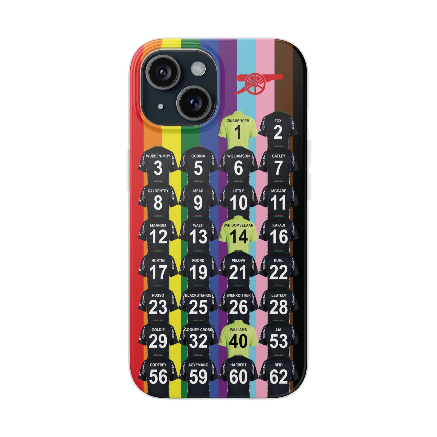 Arsenal Women Away Kit iPhone Flexi Case - iPhone 16, 15, 14, 13, 12, Mini/Plus/Pro/Pro Max - Rainbow