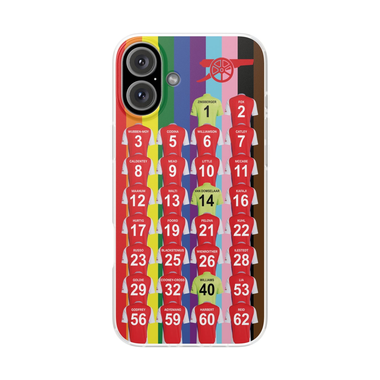 Arsenal Women Home Kit iPhone Flexi Case - iPhone 16, 15, 14, 13, 12, Mini/Plus/Pro/Pro Max - Rainbow