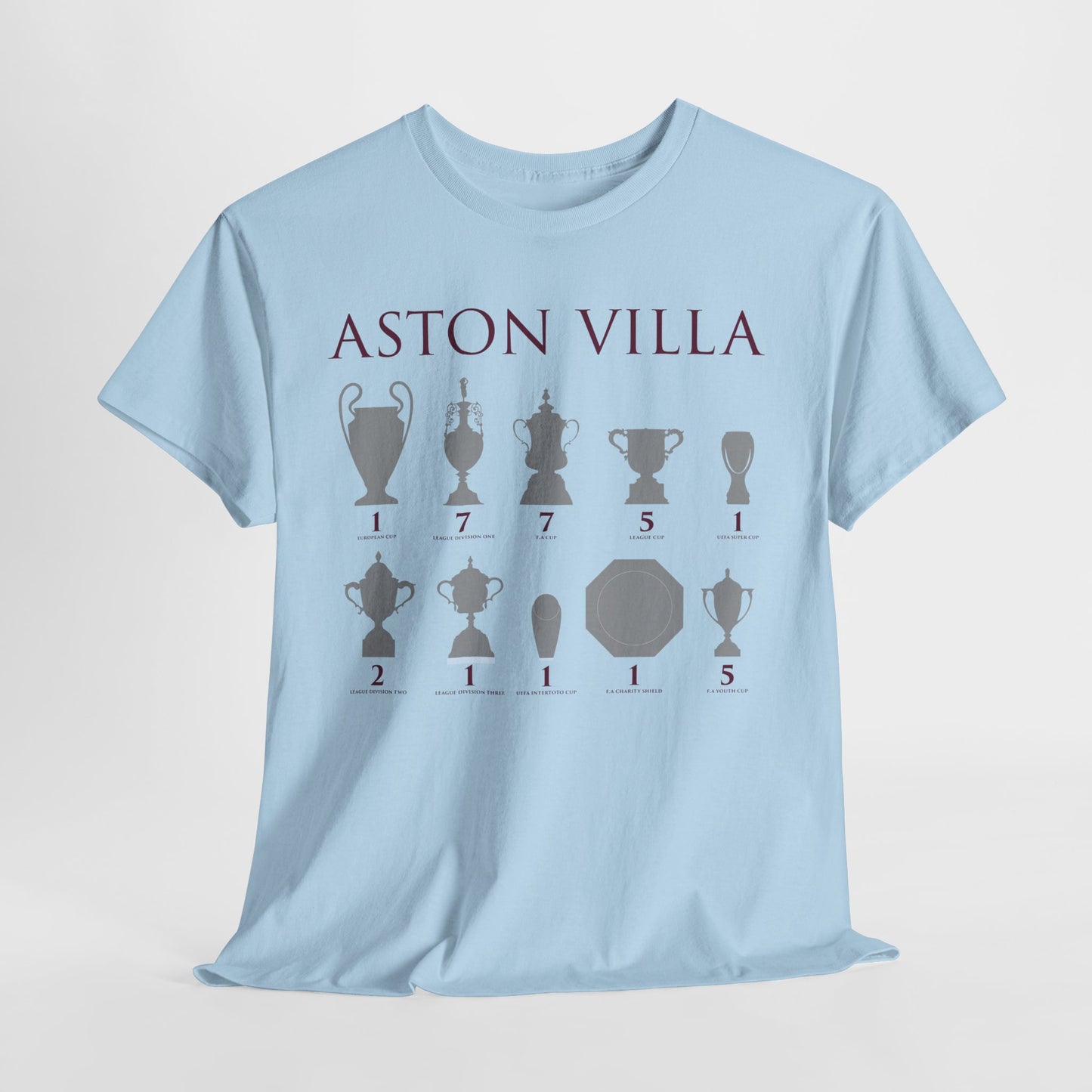 Aston Villa Trophies Unisex Heavy Cotton T-Shirt - Maroon/White/Light Blue