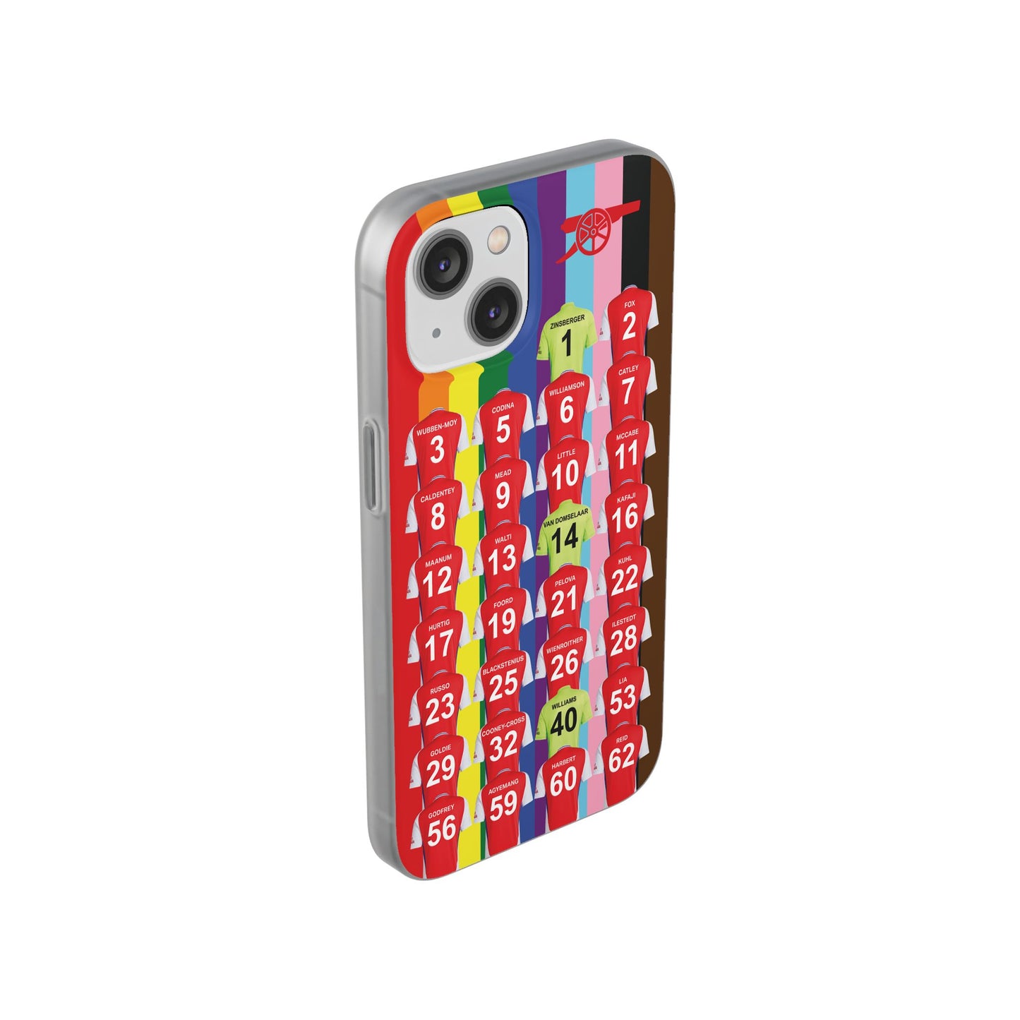 Arsenal Women Home Kit iPhone Flexi Case - iPhone 16, 15, 14, 13, 12, Mini/Plus/Pro/Pro Max - Rainbow