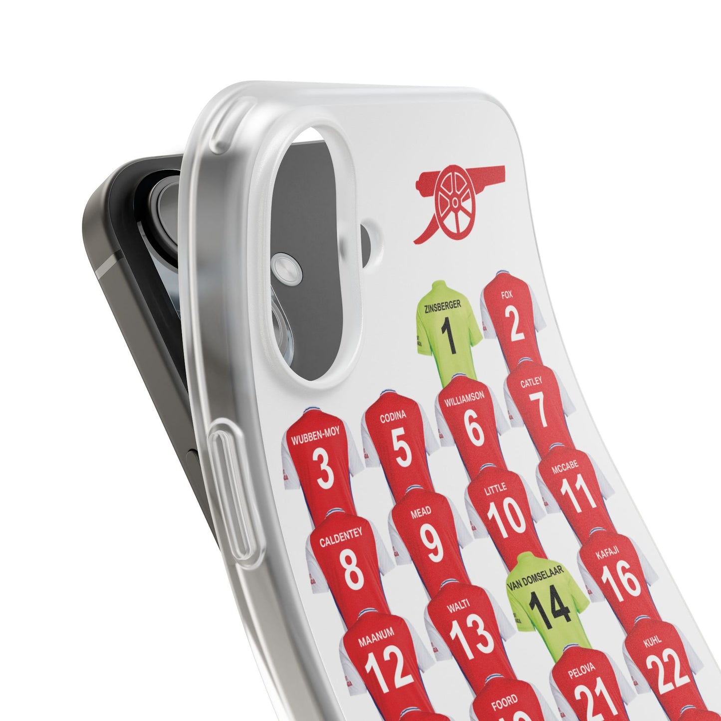 Arsenal Women Home Kit iPhone Flexi Case - iPhone 16, 15, 14, 13, 12, Mini/Plus/Pro/Pro Max - White