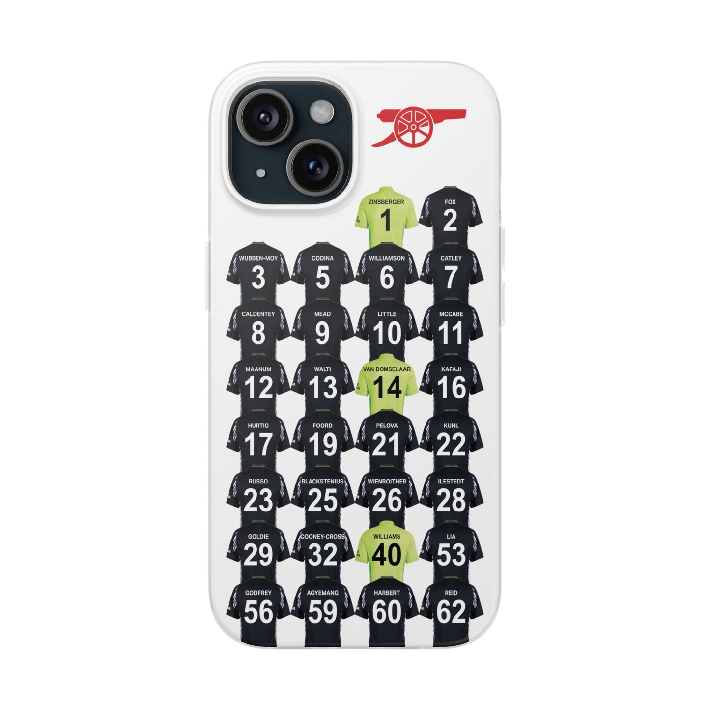 Arsenal Women Away Kit iPhone Flexi Case - iPhone 16, 15, 14, 13, 12, Mini/Plus/Pro/Pro Max - White