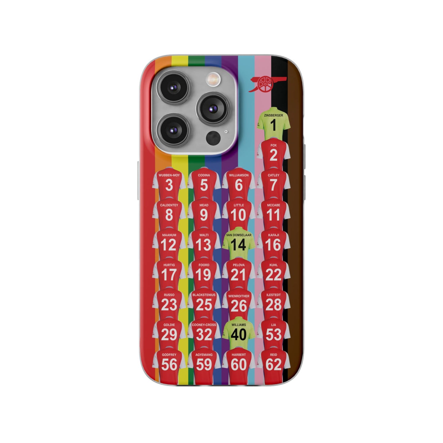 Arsenal Women Home Kit iPhone Flexi Case - iPhone 16, 15, 14, 13, 12, Mini/Plus/Pro/Pro Max - Rainbow