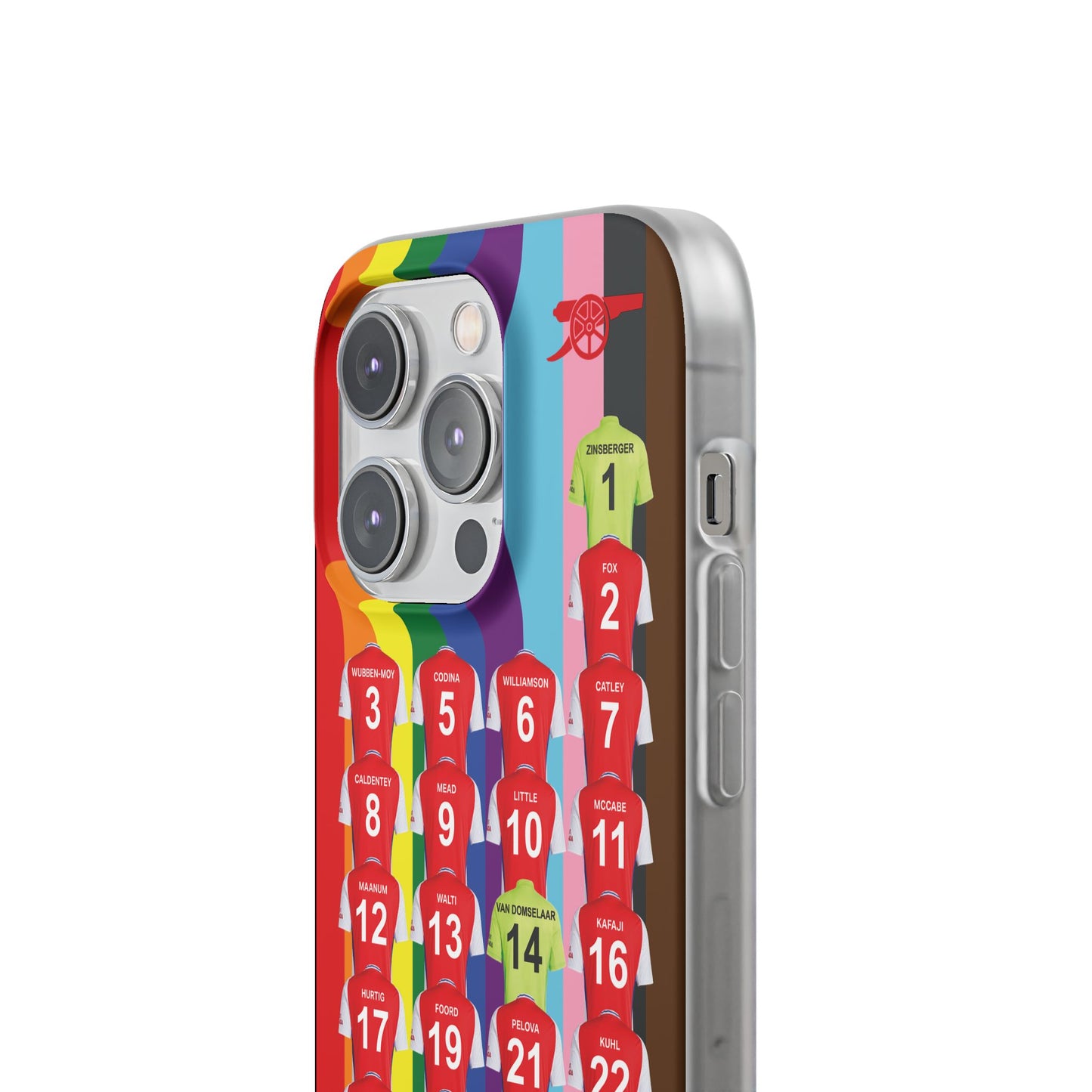 Arsenal Women Home Kit iPhone Flexi Case - iPhone 16, 15, 14, 13, 12, Mini/Plus/Pro/Pro Max - Rainbow