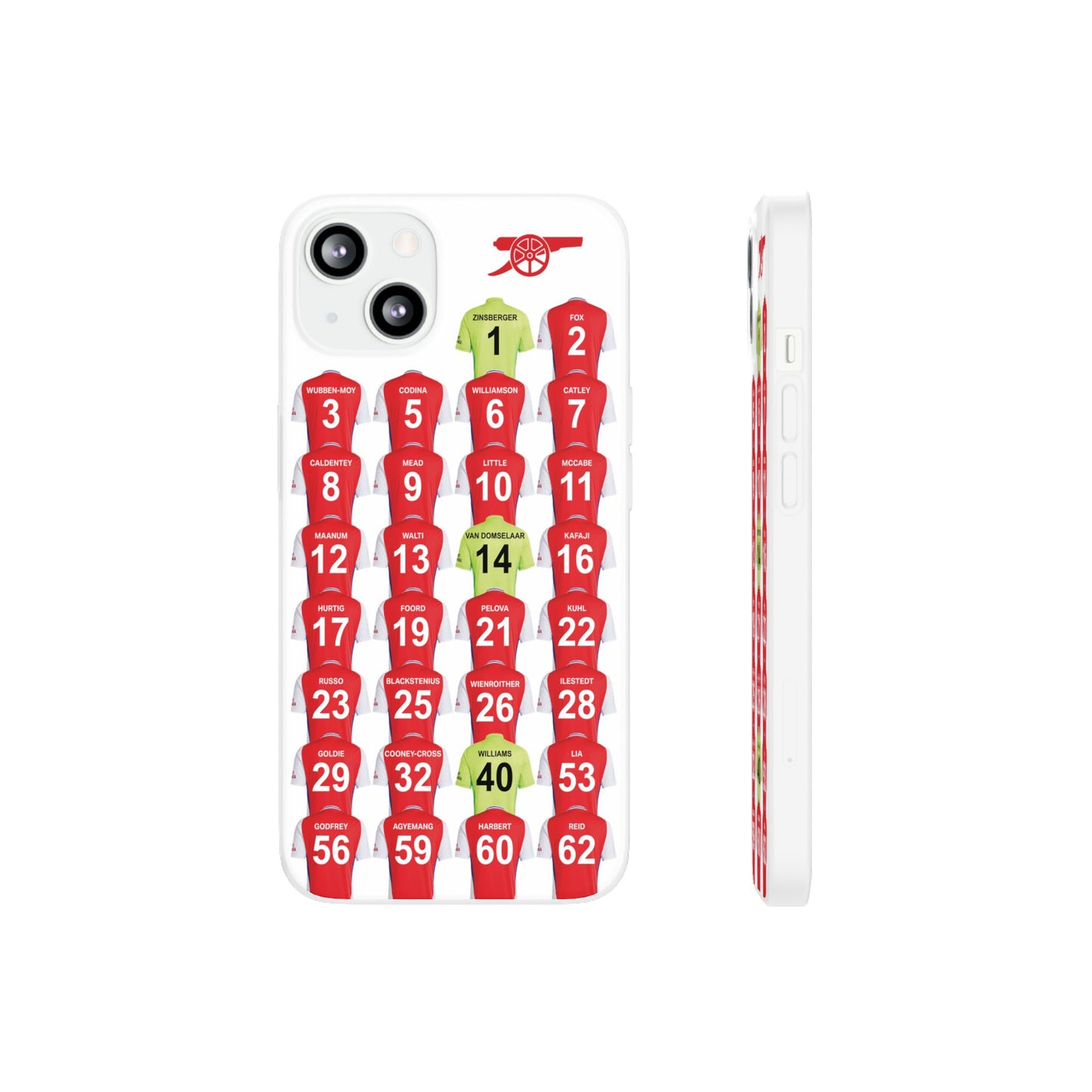 Arsenal Women Home Kit iPhone Flexi Case - iPhone 16, 15, 14, 13, 12, Mini/Plus/Pro/Pro Max - White