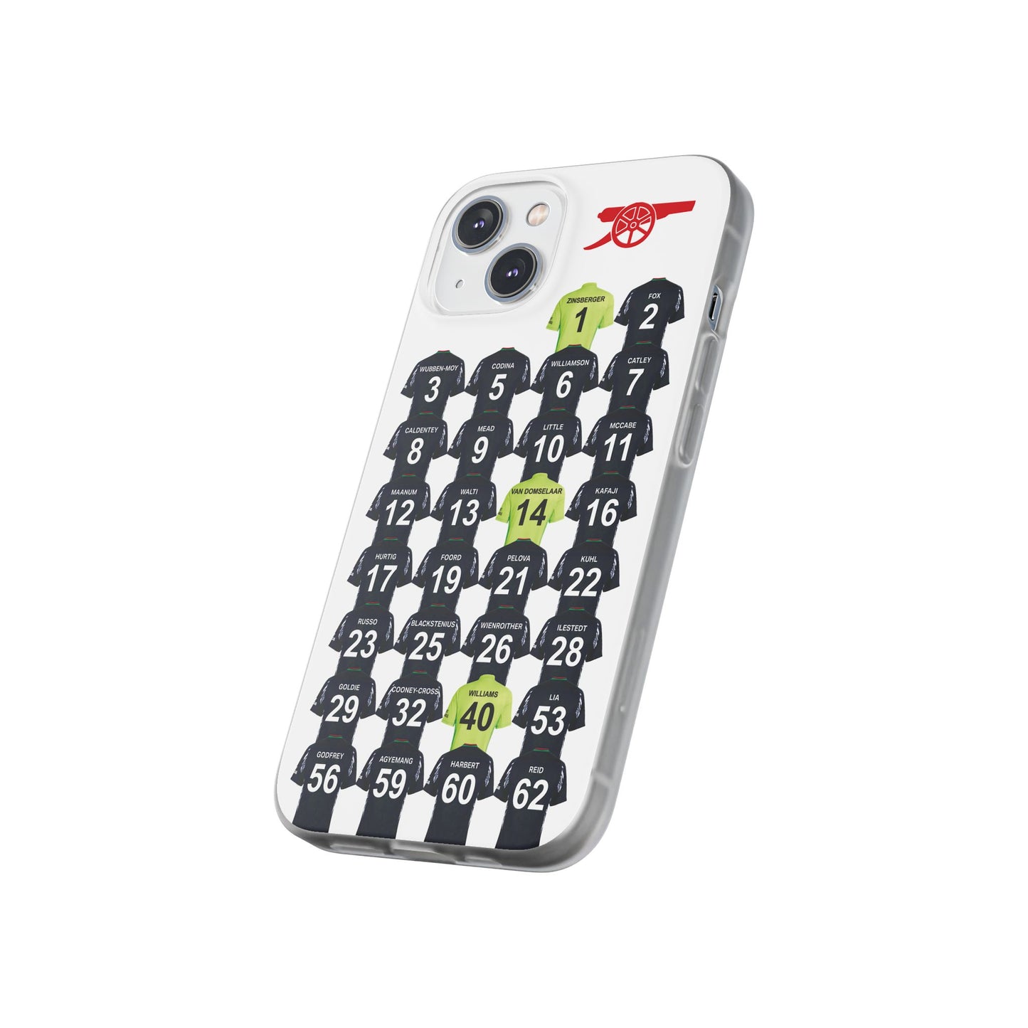 Arsenal Women Away Kit iPhone Flexi Case - iPhone 16, 15, 14, 13, 12, Mini/Plus/Pro/Pro Max - White